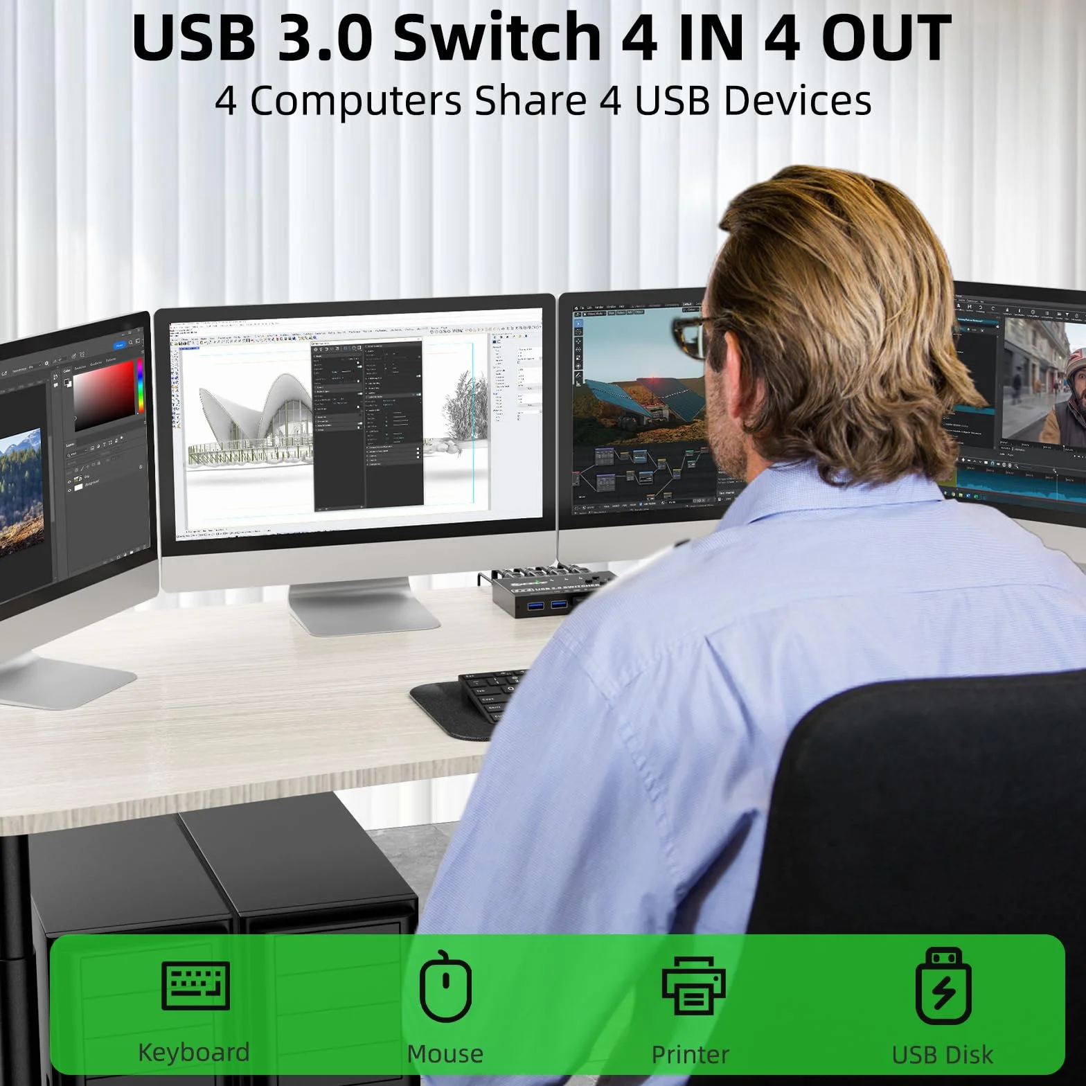 USB 3.0 Switch 4 PC, USB Switch 4 in 4 out dla 4 Komputery Udostępnianie Mysz i Klawiatura, Wired Remote (8K USB-B 4 in 4 out)