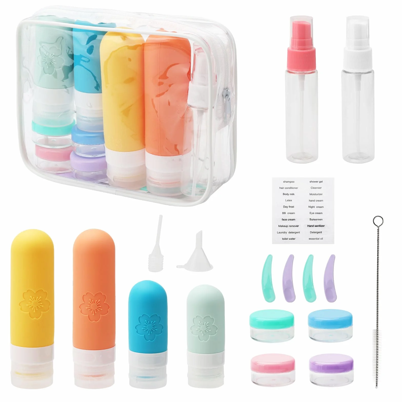 Zestaw 17 silikonowych butelek podróżnych z etykietami, 90 ml, zatwierdzone przez FDA pojemniki podróżne z motywem begonii, zestaw podróżny do napełniania, zestaw podróżny do szamponu, balsamu