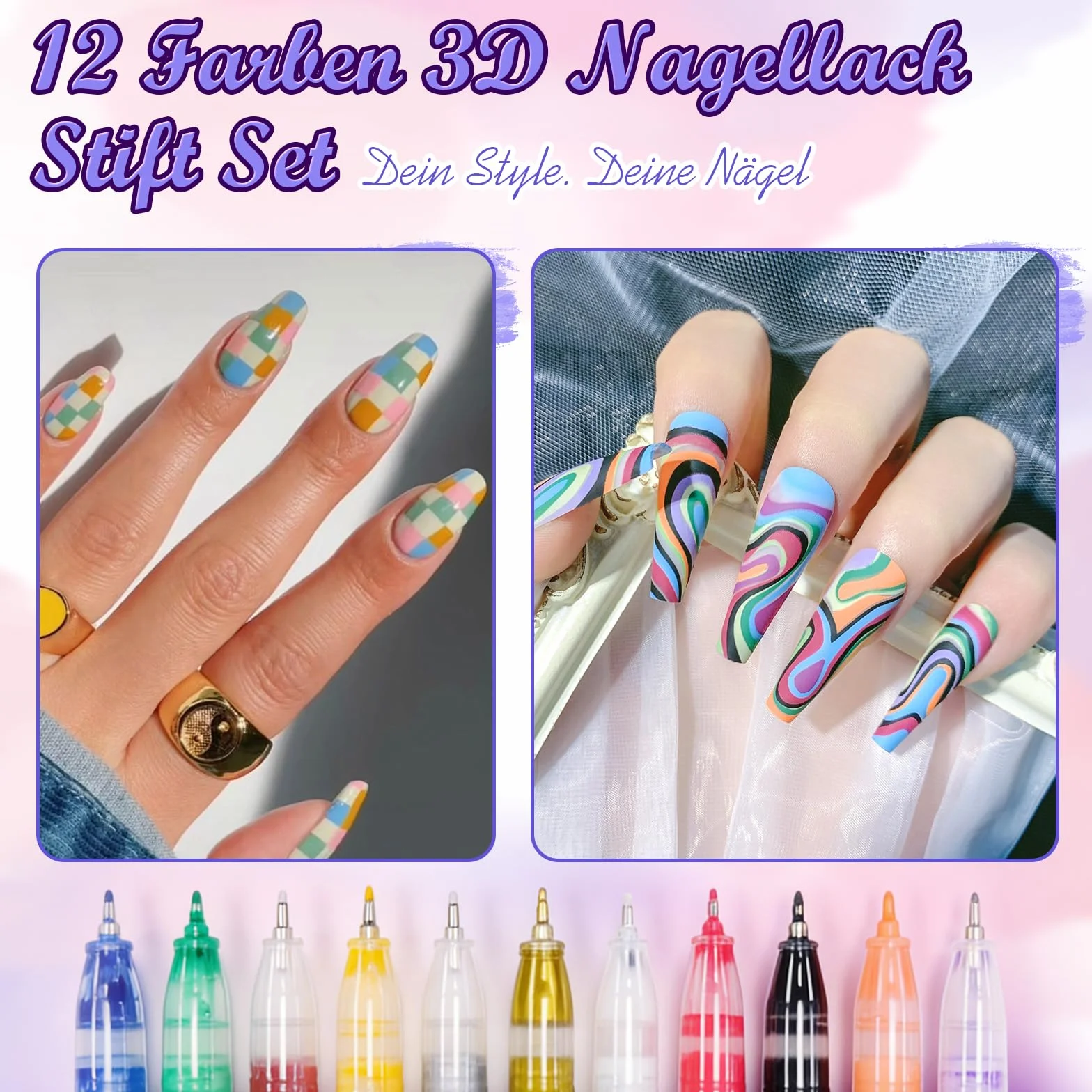 Zestaw 12 kolorowych pisaków do paznokci, 3D Nail Art Pen szybkoschnące pisaki do paznokci, wodoodporne, "zrób to sam" do malowania paznokci, graffiti, pędzelek do zdobienia paznokci, piękna