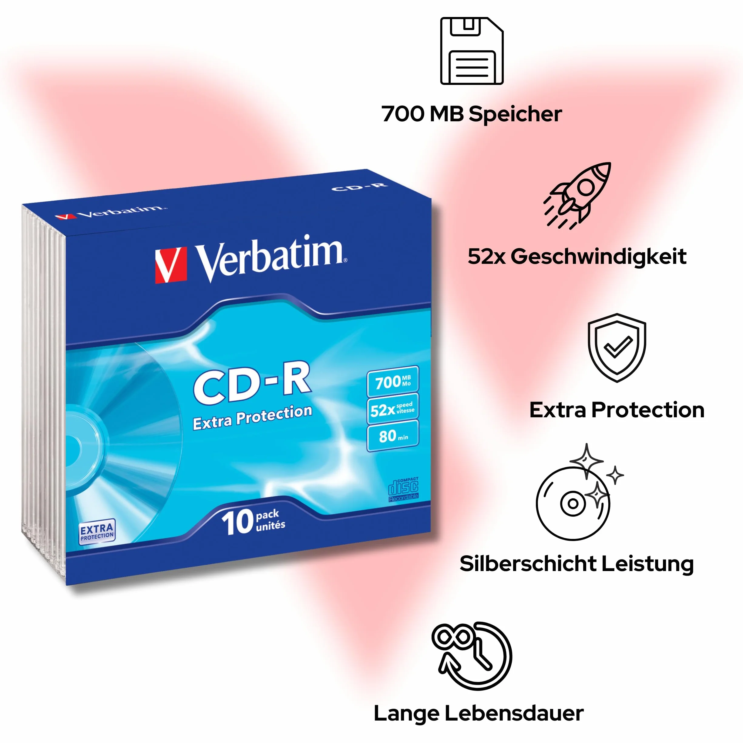 Verbatim CD-R Extra Protection, półfabrykaty CD z pamięcią danych 700 MB, idealne do robienia zdjęć i filmów, kompatybilne z każdym konwencjonalnym napędem CD, opakowanie 10 szt. Slim Jewel Case