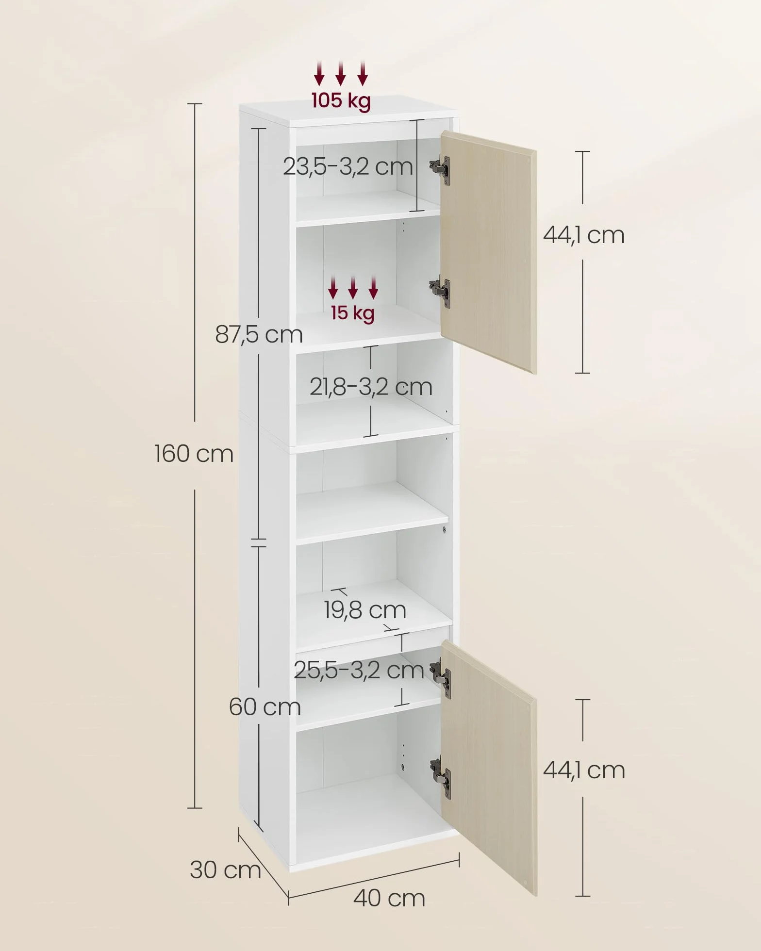 VASAGLE Szafka łazienkowa wisząca 7 przegródek 30x40x160 cm Cloud White-Natural Beige