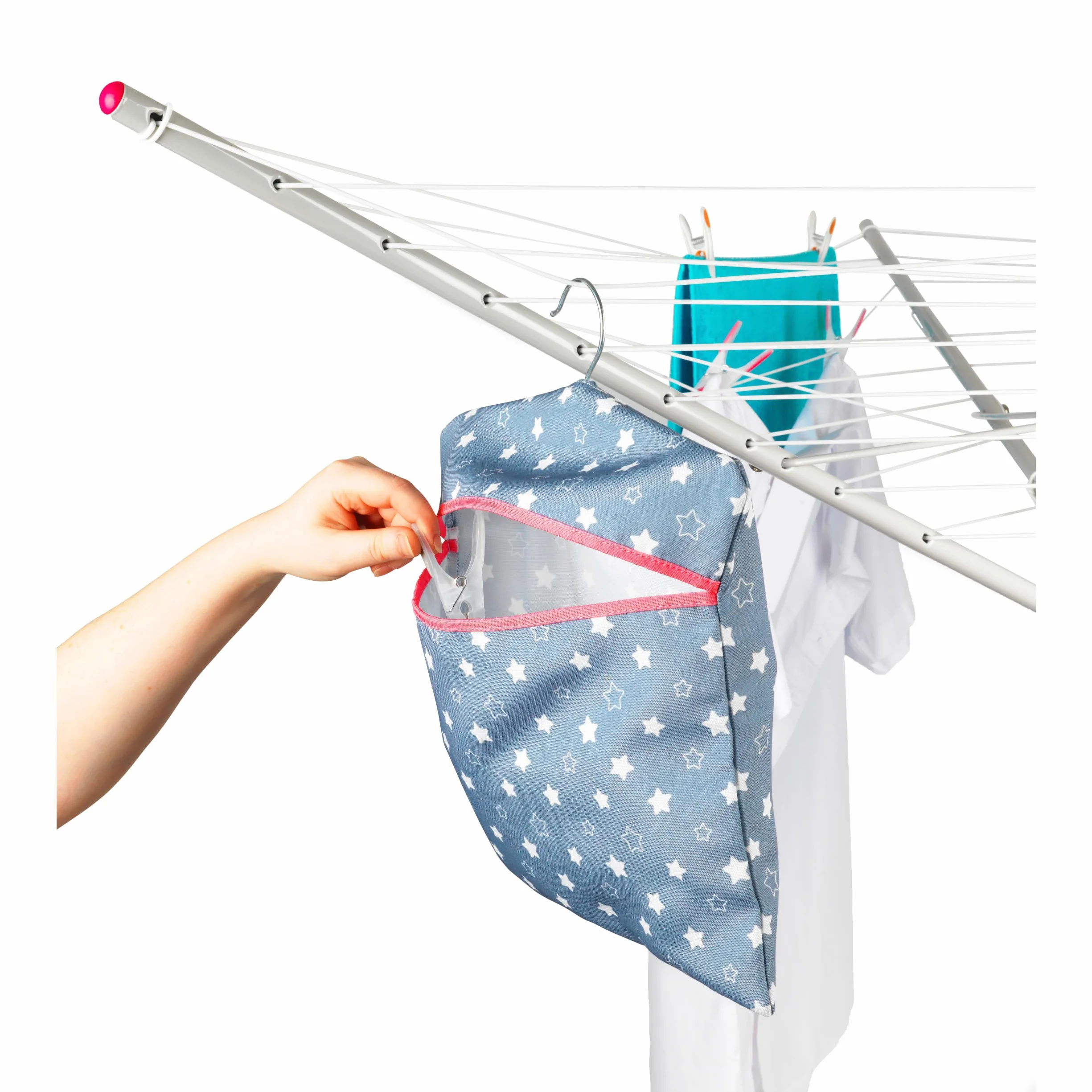 Kleeneze® KL081599EU7 Twinkle & Shine Hang On The Line Peg Bag | Easy Hanging Hook | Holds Up To 50 Pegs | 33 x 30cm | Blue/Pink/White