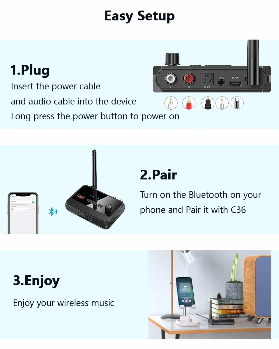 Bluetooth 5.3 Receiver for Home Stereo, Optical Low Latency & HD Music Audio Bluetooth to RCA Adapter for Speakers/Wired Speakers/Home Audio Music Streaming Stereo System, Support AUX/USB