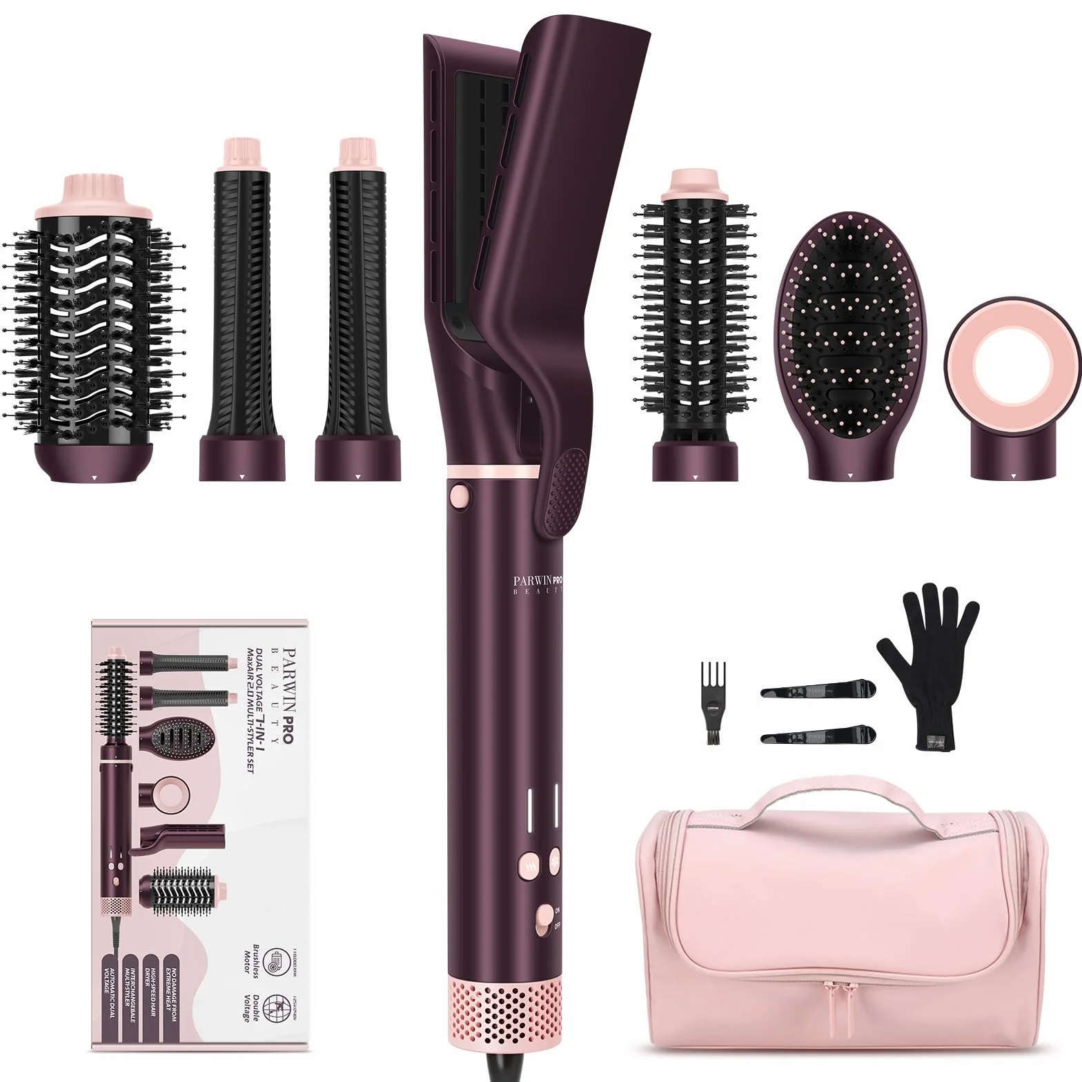 PARWIN PRO BEAUTY MaxAIR 2.0 Airstyler, 7 w 1, zestaw do stylizacji włosów, automatyczne zwijanie, lokówka, prostownica, suszarka do włosów, szczotka do włosów, do stylizacji, wygładzania, z torbą