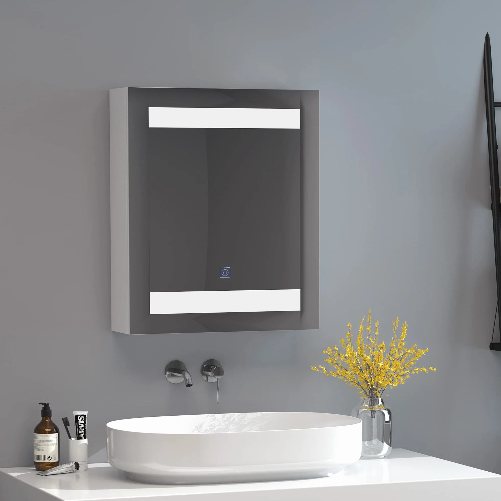 HOMCOM Podświetlane lustro LED Szafka ścienna Projekt łazienki 2 w 1 Słońce. 50L x 15 l x 60H cm MDF Biały