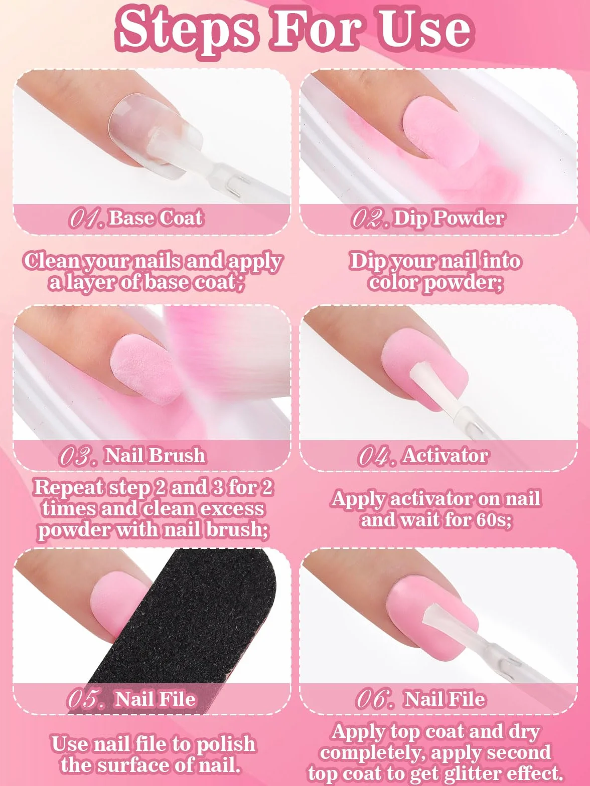 EBANKU 15 Częściowy Zestaw Zanurzania Pudru Paznokci - 6 Kolorów Nude Pink Brokatowy Proszek z Płynem, Baza, Warstwa Wierzchnia, Aktywator, Brush - Francuski Manicure