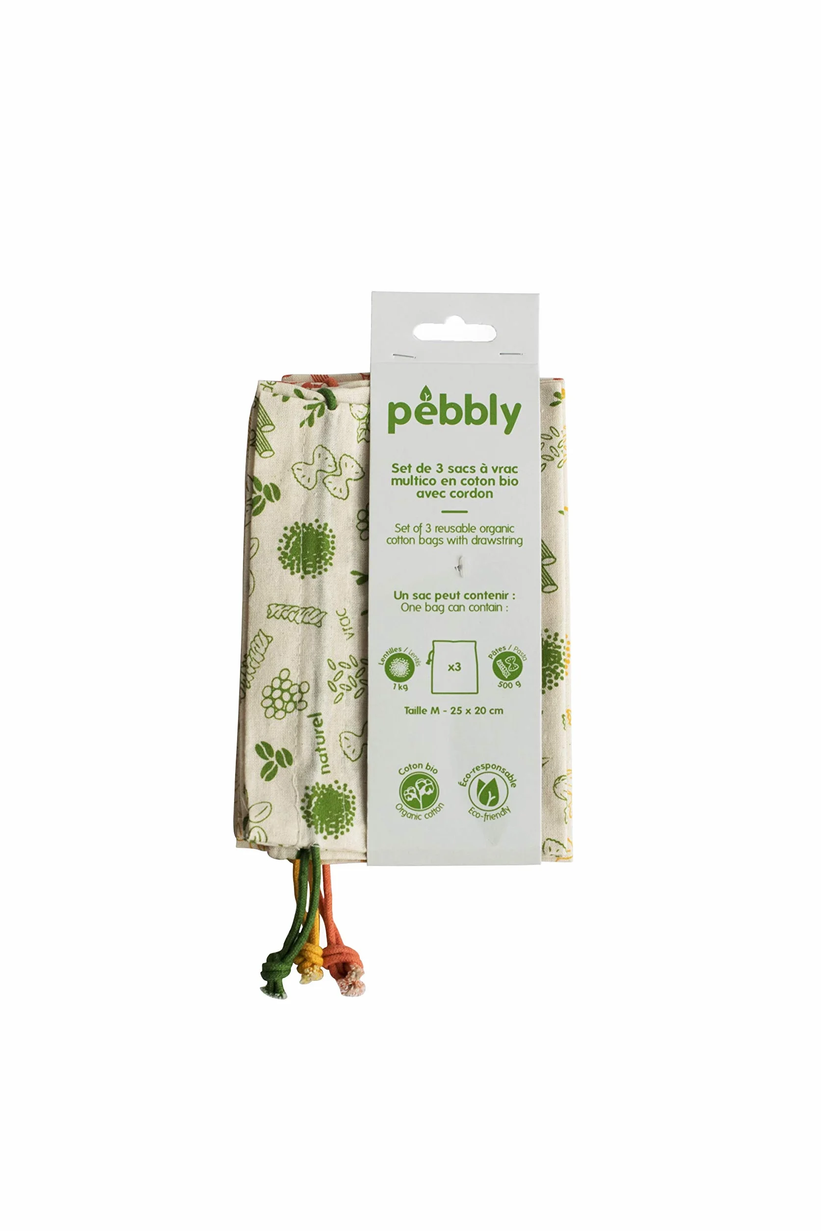 Pebbly Zestaw 3 Worków Bawełnianych Organicznych 20x25 cm Ze Ściągaczem Do Przechowywania Żywności