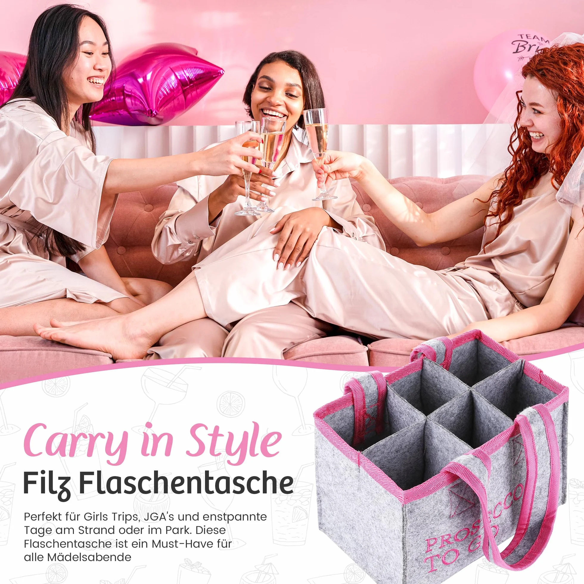 FunX Torba na butelki Prosecco to go – filcowa torba na 6 butelek – szara z uchwytami do noszenia i nadrukiem – wszechstronne zastosowanie – 19 x 12 x 14 cm, szary/różowy, torba na napoje