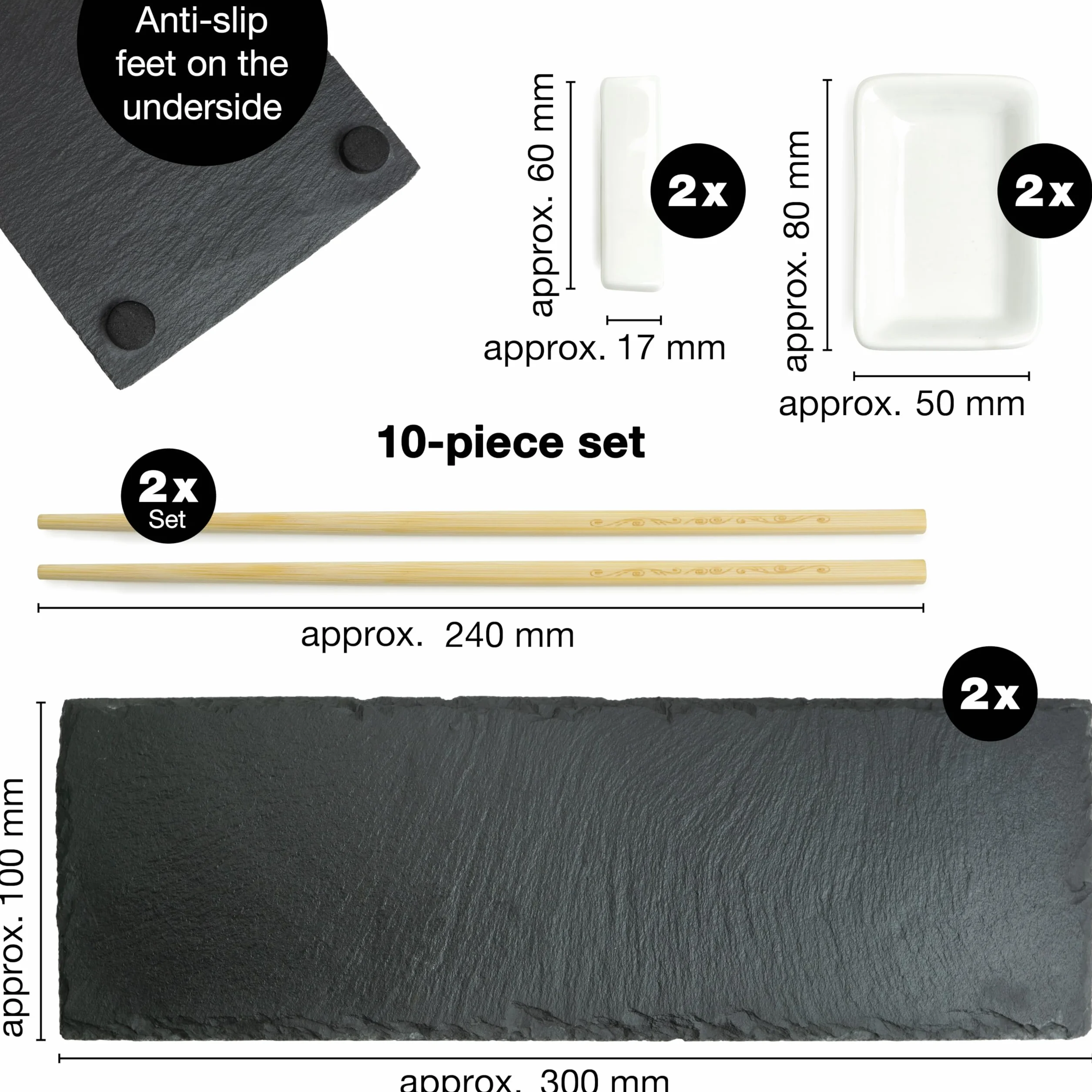Moritz & Moritz Zestaw do sushi 10-częściowy płyta łupkowa 30x10 cm z miseczkami na dip i pałeczkami