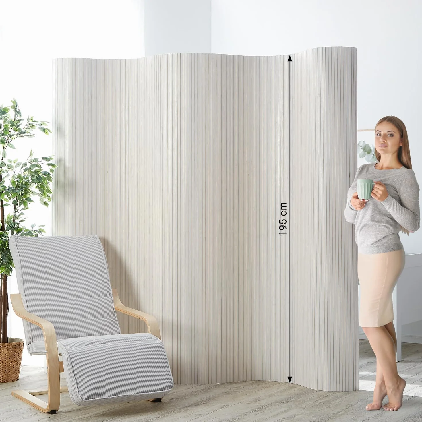 Homestyle4u Parawan przegroda pokojowa bambus biały 195 cm separator na kółkach