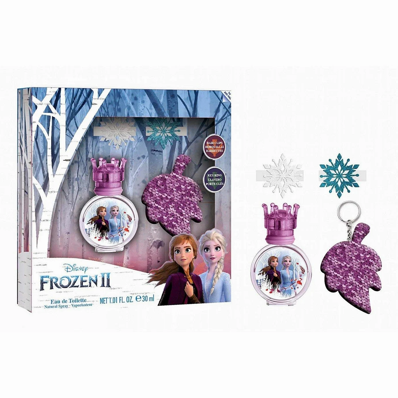 Frozen II zestaw prezentowy: Anna & Elsa perfumy dla dzieci (30 ml) woda toaletowa w pięknym szklanym flakonie z zamknięciem koronowym, 1 breloczek do kluczy i klips do włosów