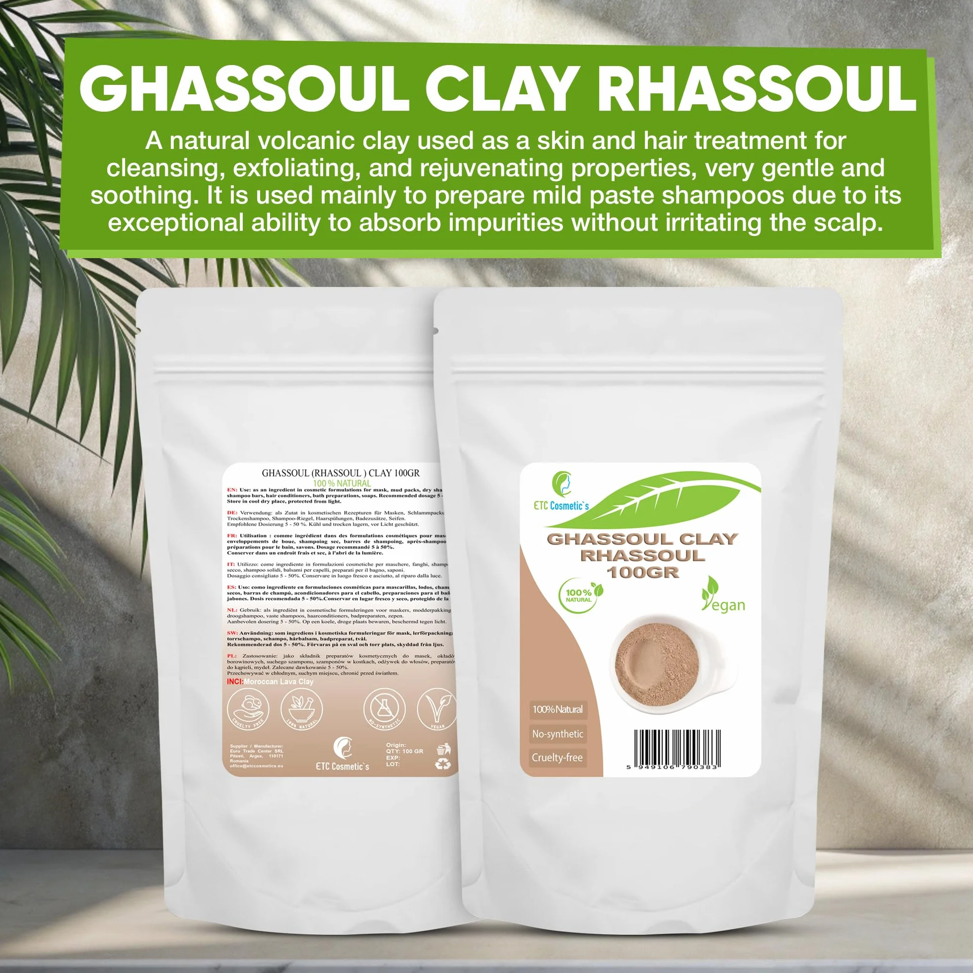 Ghassoul (odcień rassoul) 100 g - naturalny lawaton, który jest stosowany do pielęgnacji skóry i włosów do czyszczenia, peelingu i odmładzania Bardzo delikatny i uspokajający.