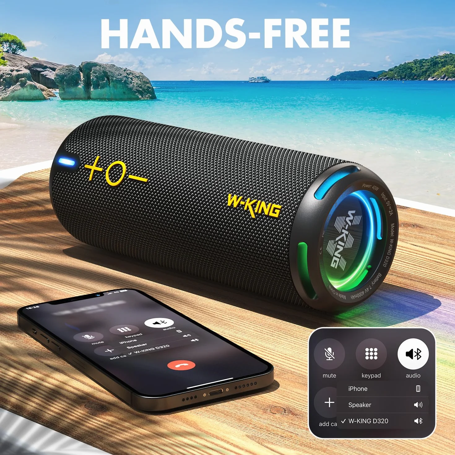 W-KING Głośnik Bluetooth, IP67, głośnik, Bluetooth, do użytku na zewnątrz, EQ-APP, 40 W HD 360° Surround Sound / Light/Deep Bass/V5.3/DSP/24H/TF/AUX, do prysznica, na kemping, D320, czarny