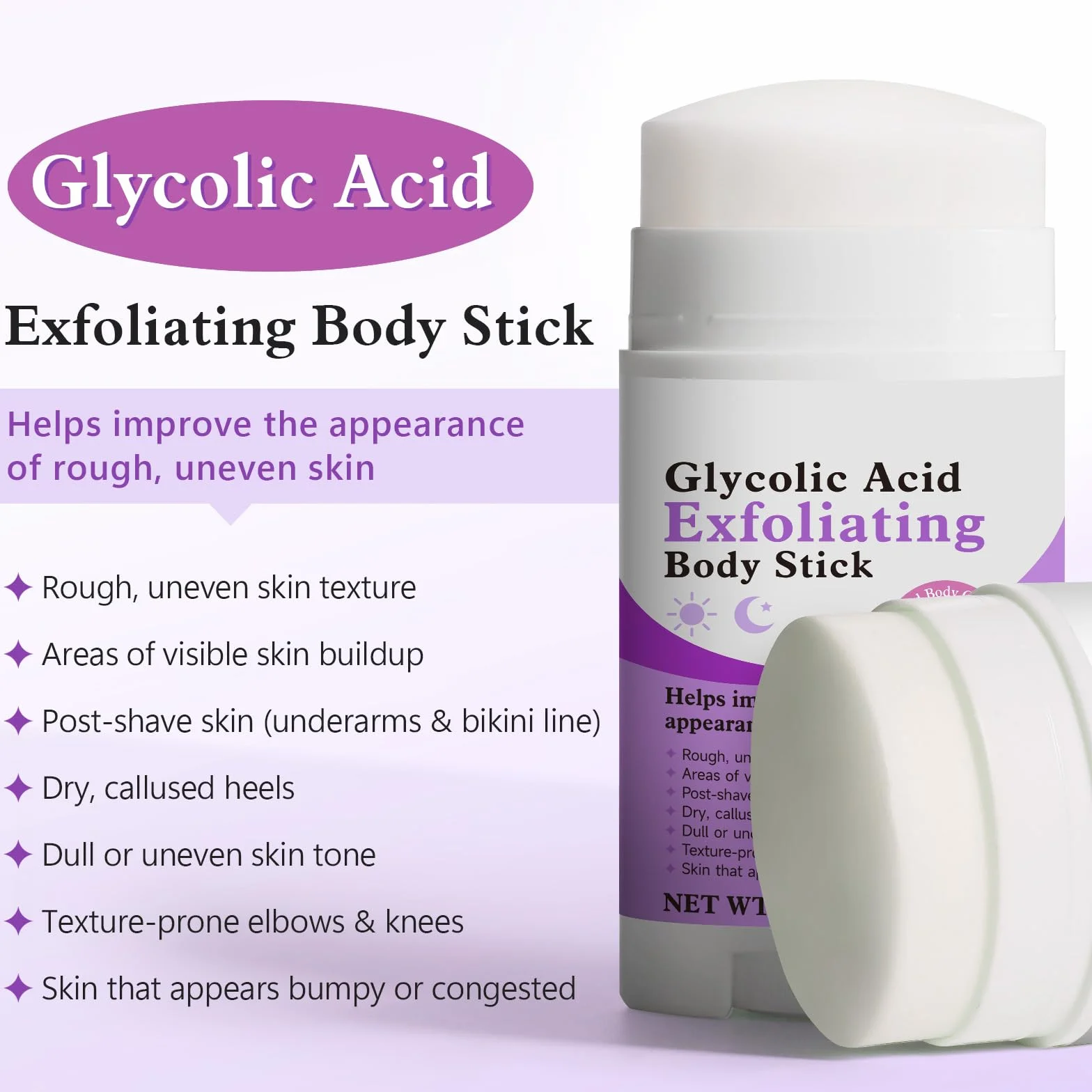 Kwas glikolowy w sztyfcie do ciała, wygładza szorstką skórę, redukuje pryszcze, efekt promiennej skóry, BodyCare dla pach, nóg i ciała, przyjazny dla skóry wrażliwej
