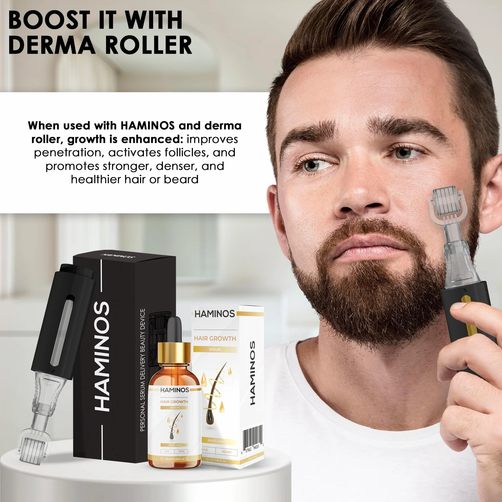 HAMINOS Serum na Porost Włosów 50 ml – Pobudza i Wzmacnia z Rozmarynem, Żeń-Szeniem, Imbirem i Peptydami – Przeciw Wypadaniu i Dla Kobiet i Mężczyzn