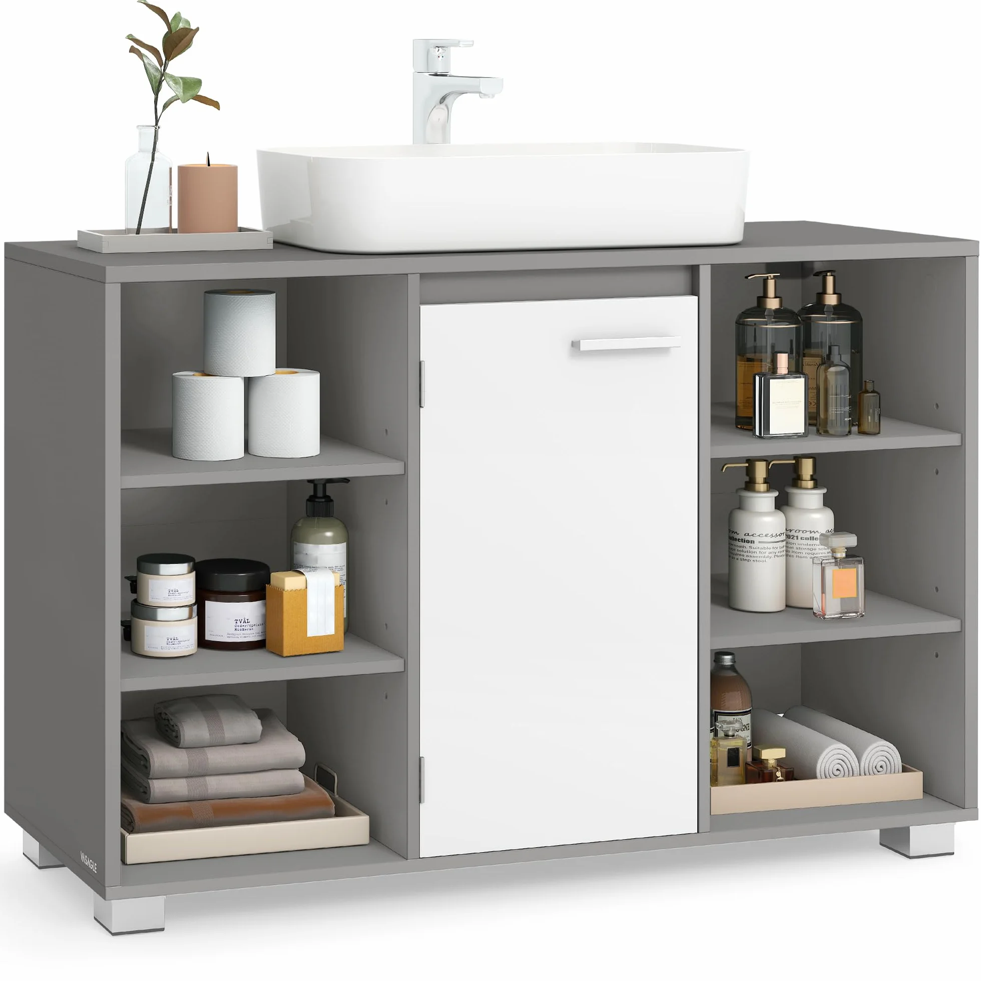 VASAGLE Szafka łazienkowa z regulowanymi półkami 30x90x60 cm gołębia szarość biel BBK507G01