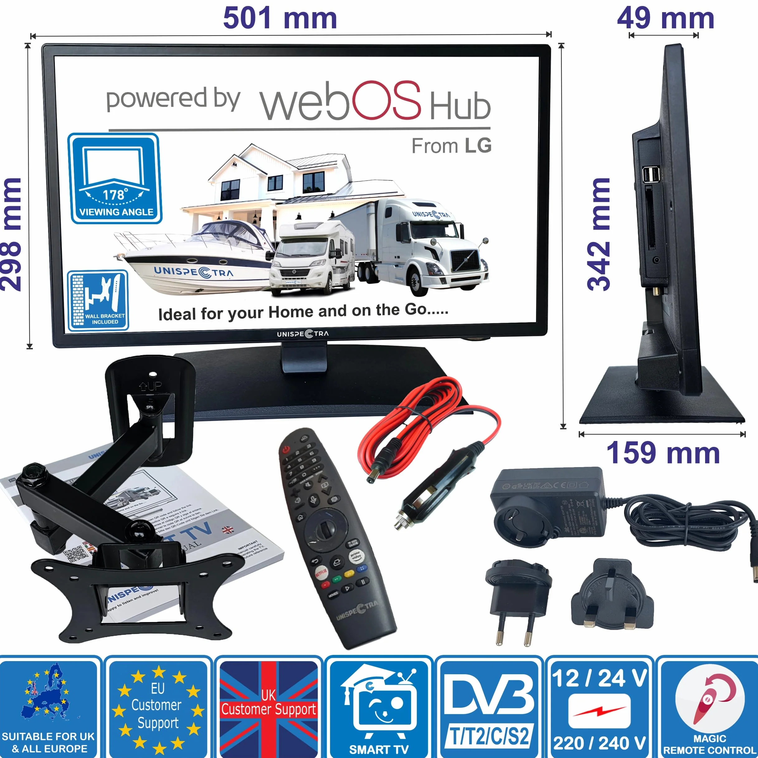 Unispectra ® 22” Smart TV (webOS) FHD 230V 12V 24V potrójny tuner, 3x HDMI, 2x USB, pilot Magic. Telewizor 12 V do samochodów I przyczep kempingowych, ciężarówek, łodzi