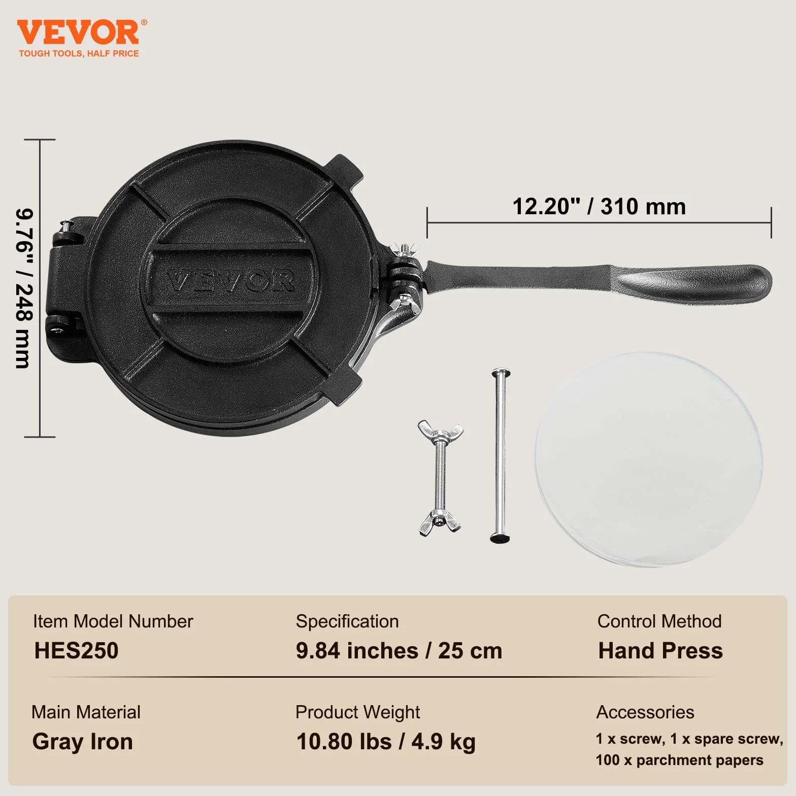 VEVOR Prasa do tortilli żeliwna 25 cm z papierem pergaminowym 100 szt. srebrna