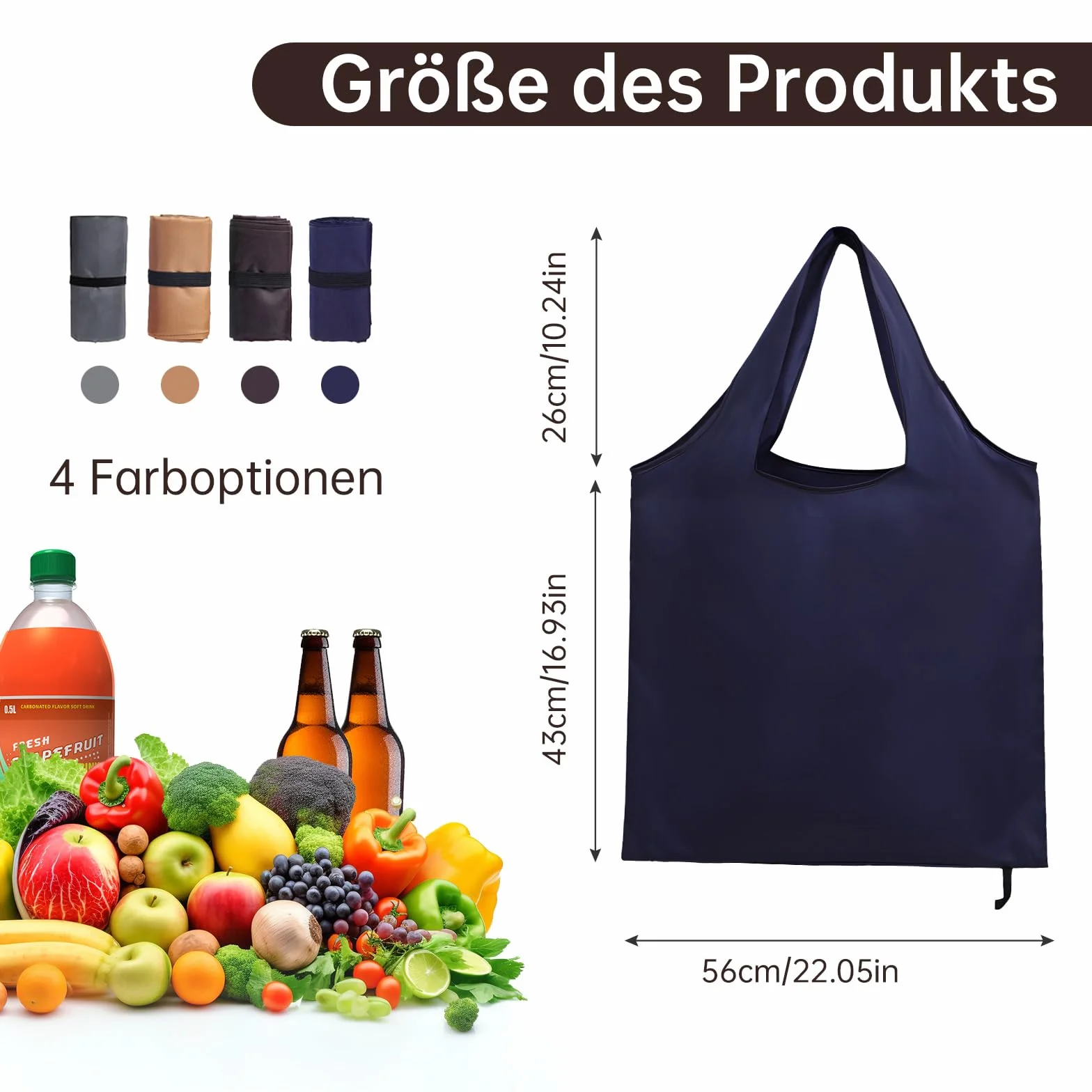 4 składane torby na zakupy, 56 × 69 cm, przyjazne dla środowiska torby na zakupy, wielokrotnego użytku, na zakupy, piknik, kemping, khaki, niebieski, kawowy, szary, 69cm 38cm