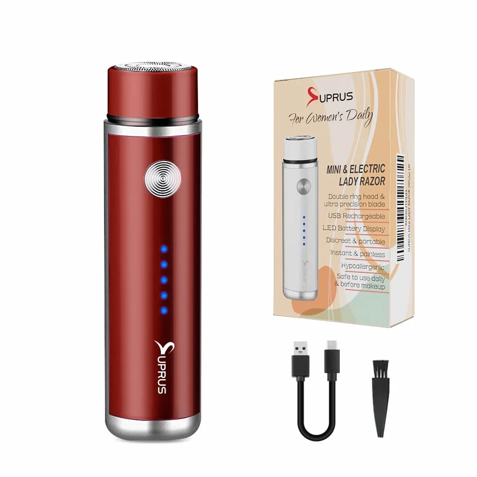 SUPRUS Damska golarka elektryczna z możliwością ponownego ładowania przez USB, do twarzy, brody, wąsów, ramion, nóg, pach, bikini, wskaźnik baterii, bezprzewodowa, czerwona