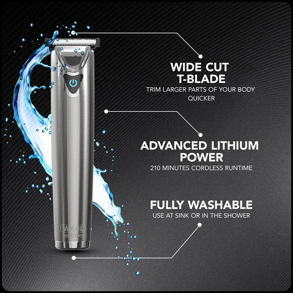 WAHL Stainless Steel Washable Multigroomer, Trymer do Brody i Zarostu, Przycinanie Włosów w Domu, Trymer do Nosa i Uszu, Zestaw do Pielęgnacji dla Mężczyzn, W pełni zmywalny, Bezprzewodowy