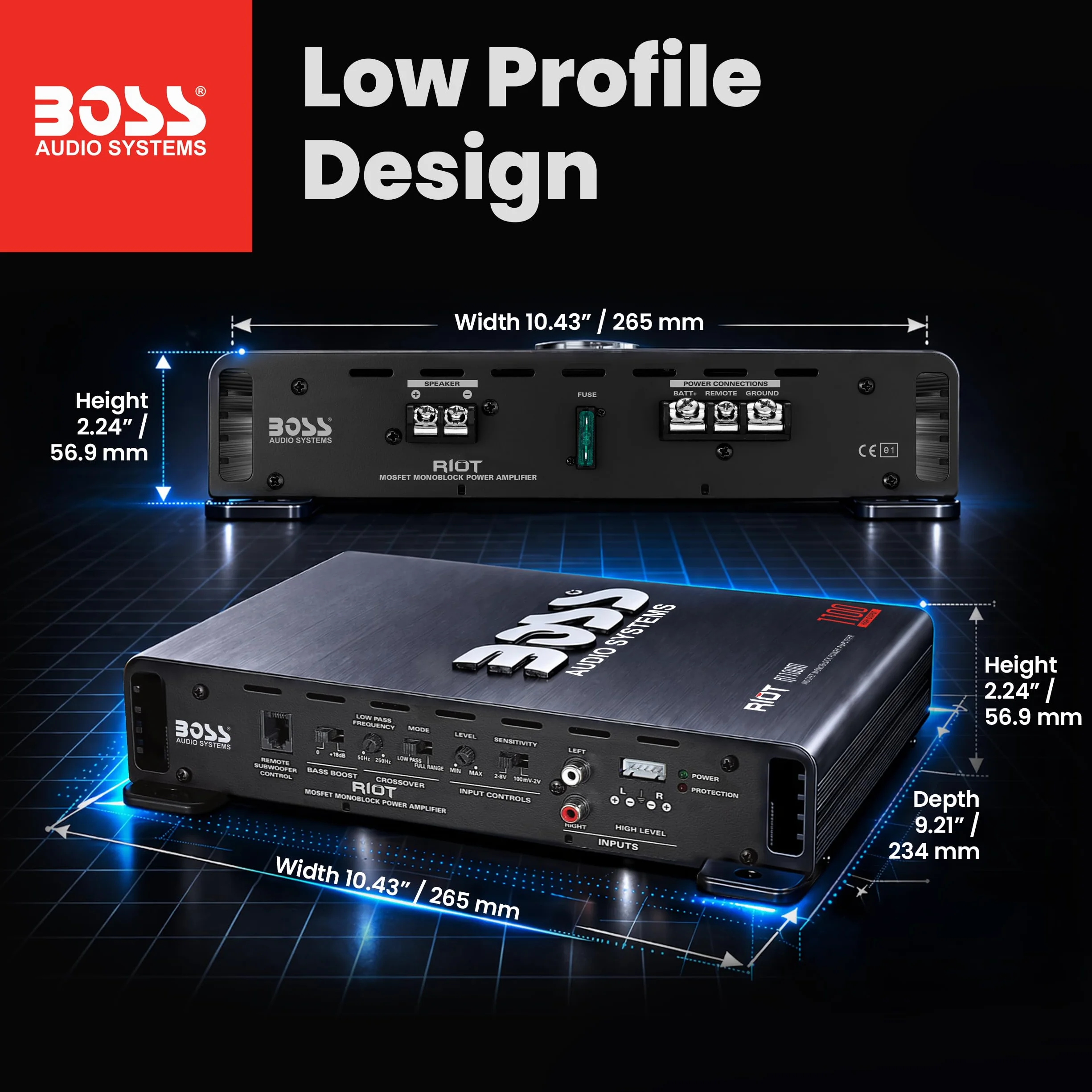 BOSS Audio Systems Wzmacniacz samochodowy monoblokowy R1100M - wysoka moc wyjściowa 1100, stabilny 2-8 omów, wejścia niskie/wysokiego poziomu, zwrotnica dolnoprzepustowa, zasilacz MOSFET