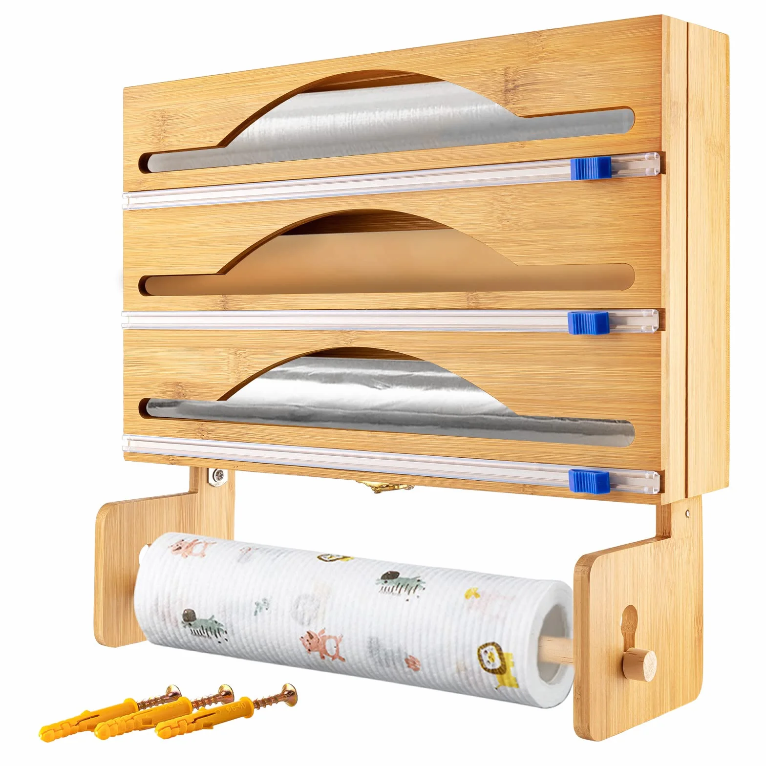 Dozownik folii spożywczej i obcinacz, dozownik folii 4 w 1, organizer z uchwytem na papier, montowany na ścianie folia bambusowa i dozownik folii spożywczej, na rolkę 30 cm