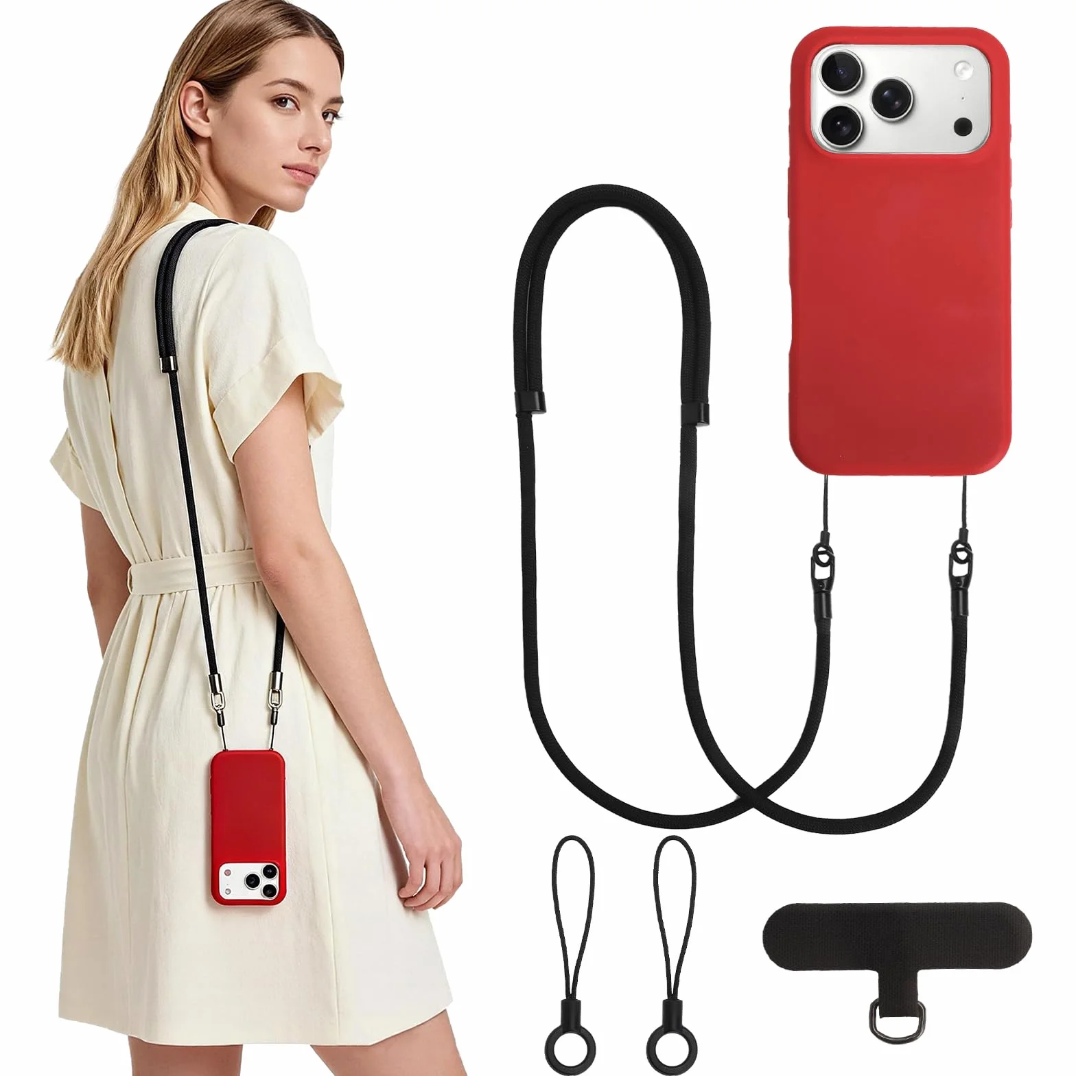 Smycz do telefonu crossbody czarna regulowany pasek do telefonu z adapterem i 2 sposobami noszenia do smartfona podróży codziennego użytku spacerów