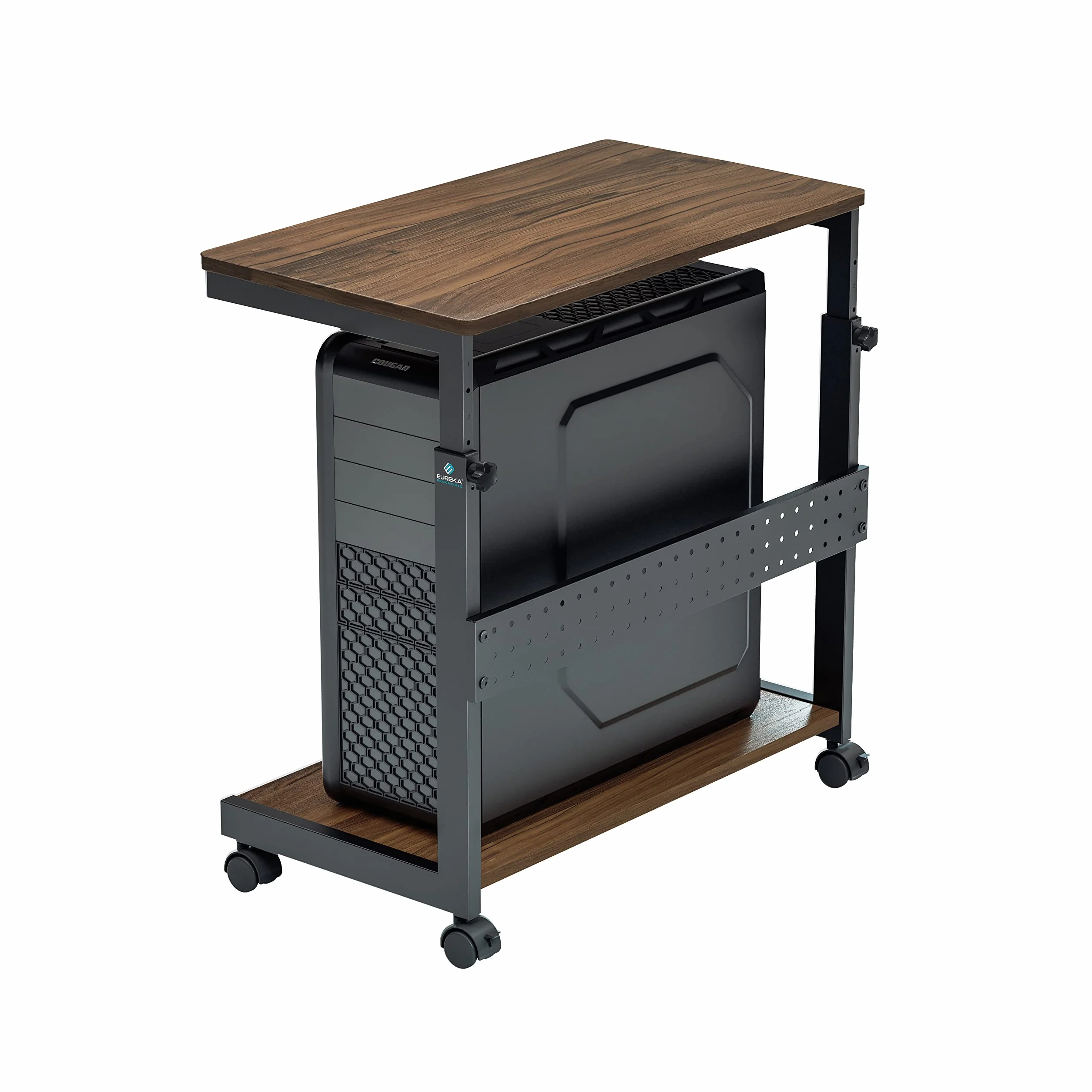EUREKA ERGONOMIC Stojak na komputer z regulacją wysokości, obudowa ATX, uchwyt na procesor PC, stojak na procesor z kółkami i podkładką pod mysz, kolor orzecha włoskiego