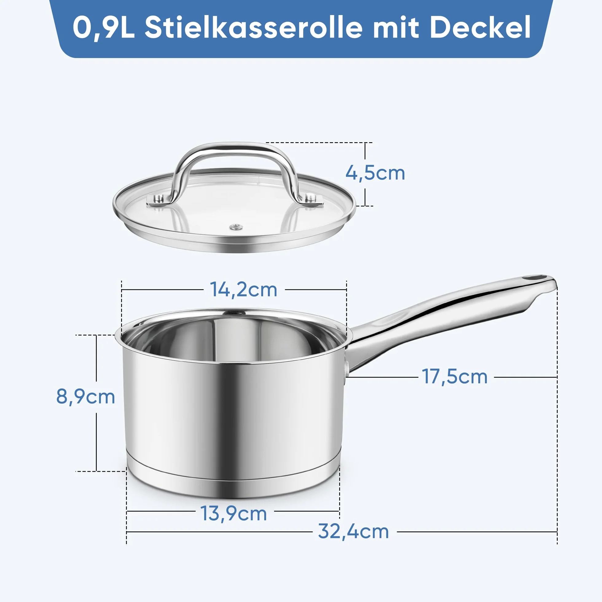 Onader rondel 14 cm, 3-warstwowy dno, stal nierdzewna, garnek do mleka ze szklaną pokrywką, 0,9 l, do wszystkich rodzajów kuchenek, zdrowy i nadaje się do mycia w zmywarce