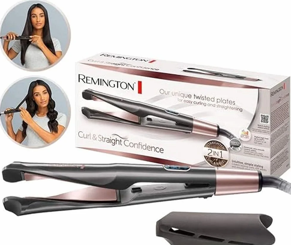 Remington prostownica do włosów + lokówka w jednym (2w1) z jonizacją, powłoka ceramiczno-turmalinowa, zakres temp. 150-230°C, obrotowy przewód, etui, moc 30W, Curl&Straight Confidence S6606B