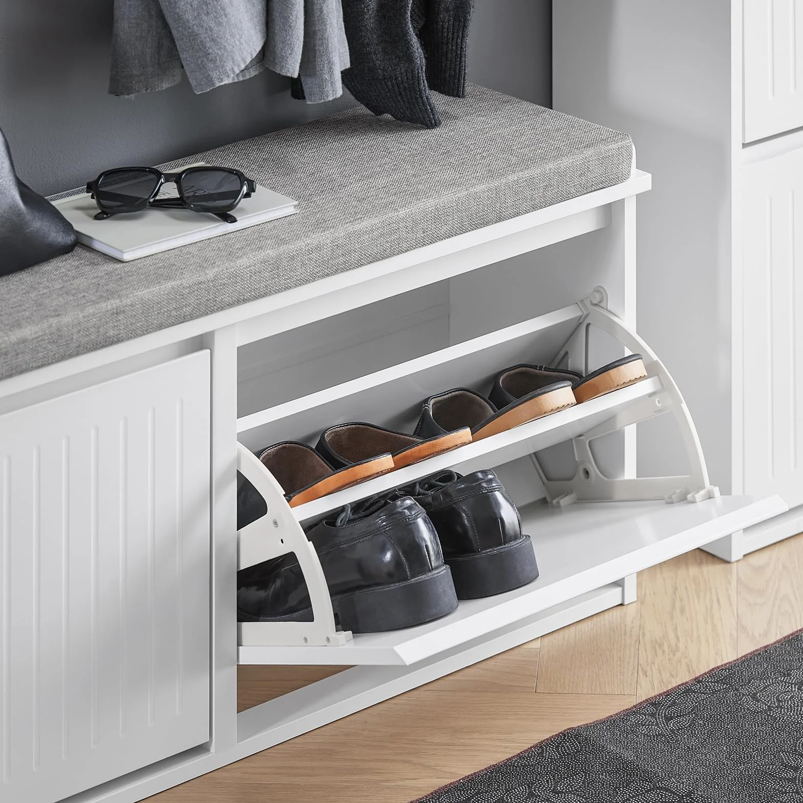 SoBuy FSR98-XL-W Szafka na buty ławka z poduszką do siedzenia komoda z 2 klapami z szufladami,100 x 26 x 46 cm