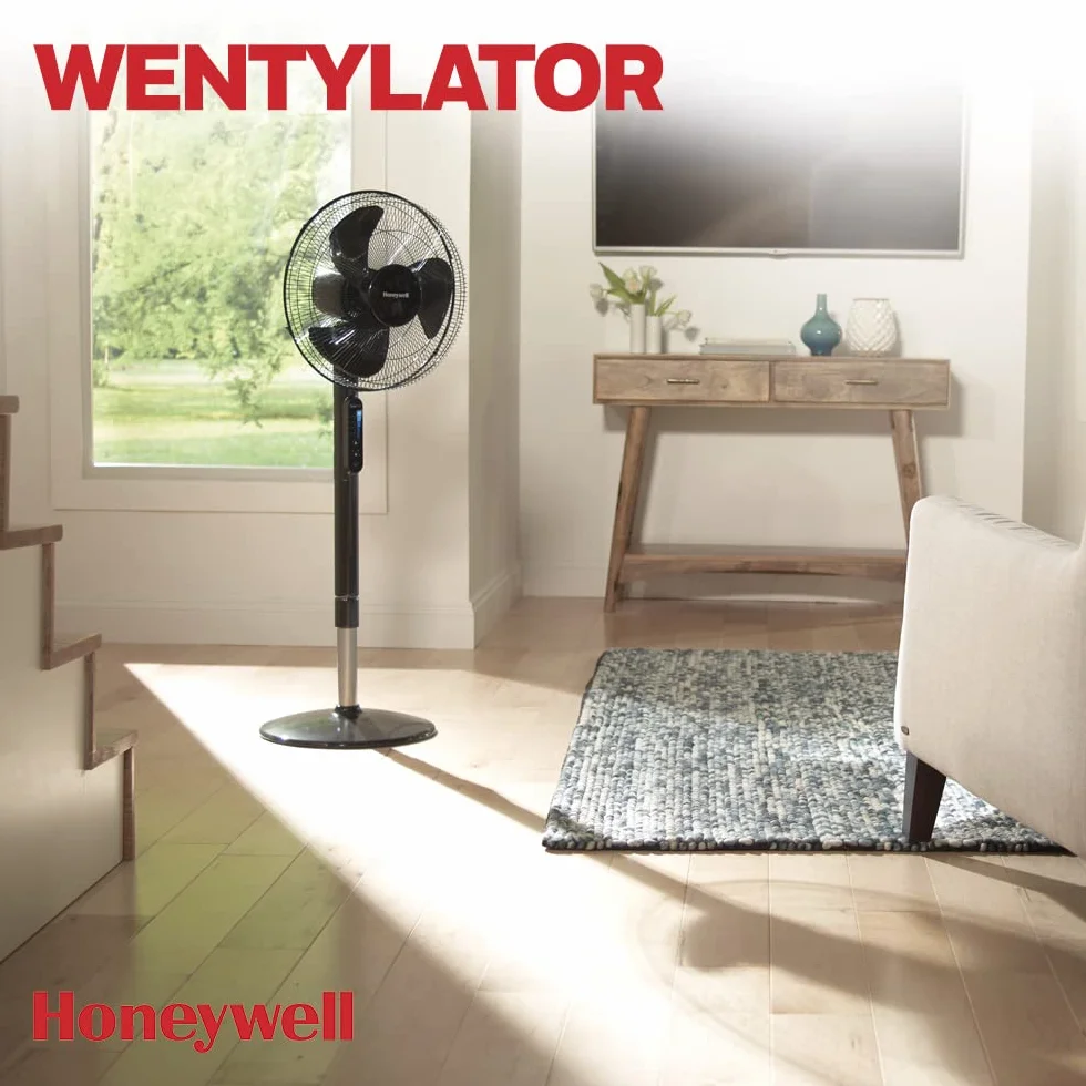 Wentylator stojący Honeywell Advanced QuietSet z funkcją oscylacji (5 poziomów prędkości, programator czasowy, oscylacja w zakresie 70°, regulacja wysokości, sterowanie pilotem, łatwość korzystania) HSF600B