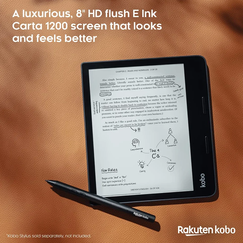 Kobo Sage | eReader | Przeciwodowy ekran dotykowy 8 HD | Wodoodporna | Regulowana jasność i temperatura kolorów | Redukcja niebieskiego światła | Bluetooth | WiFi | pamięć 32GB, Czarny