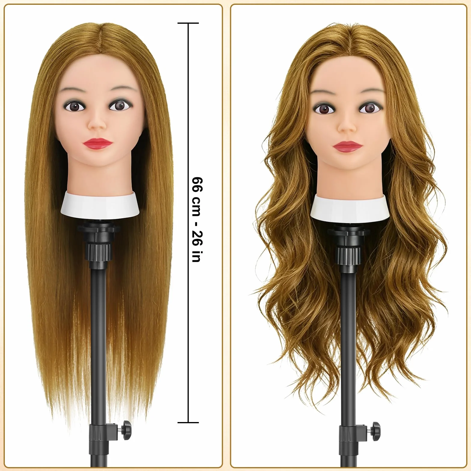 TwoWin Głowa treningowa fryzjerska, 26" (66 cm) 80% prawdziwe włosy, głowa manekina, głowa do stylizacji peruki z zaciskiem i zestawem do zaplatania DIY (jasnobrązowy)