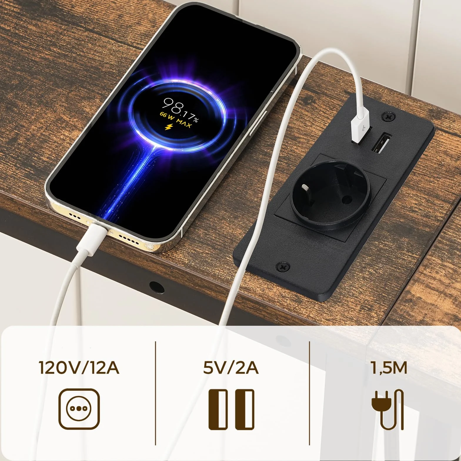 YATINEY Stół wejściowy 15 cm szerokości kredensu z gniazdem i USB vintage brązowy czarny XCT07CBR