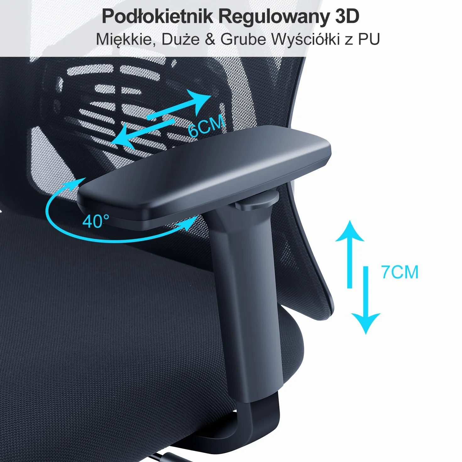 Ticova Ergonomiczne krzesło biurowe z wysokim oparciem, regulowanym podparciem lędźwiowym, zagłówkiem i podłokietnikiem 3D