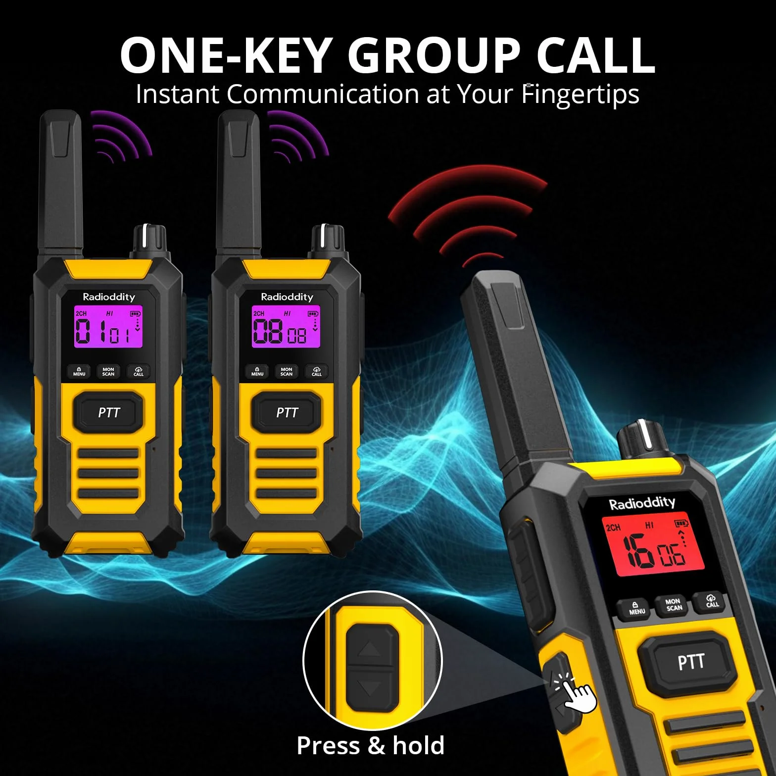 Radioddity HD-1 Walkie Talkie IP67 wodoodporny, wytrzymały, pyłoszczelny i odporny na wstrząsy zestaw radiowy PMR, z jednym przyciskiem połączenia grupowego, alarmem wibracyjnym, SOS, ładowaniem