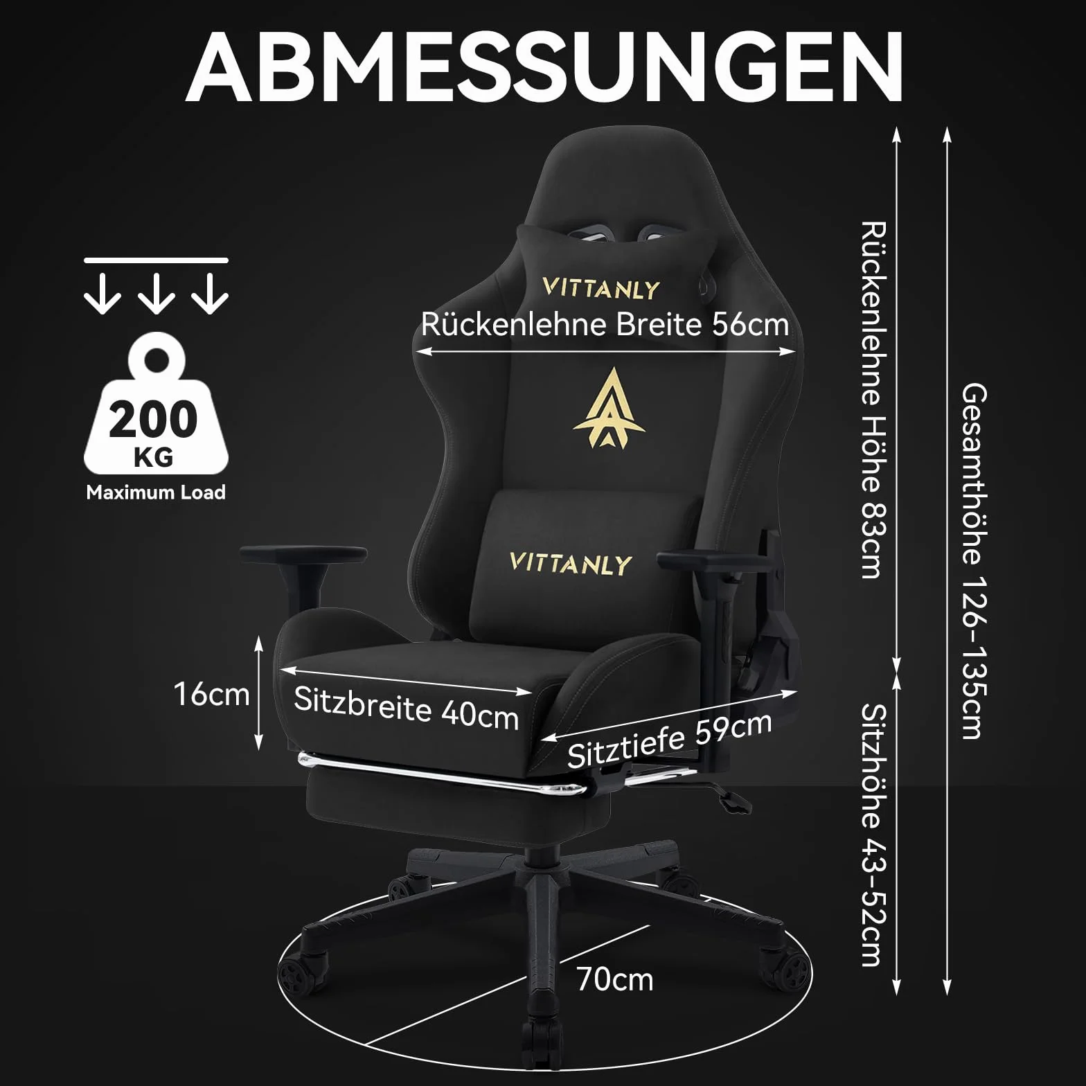 Vittanly fotel do gier ergonomiczne krzesło komputerowe z zagłówkiem podparciem lędźwiowym regulowanymi podłokietnikami podnóżkiem czarny