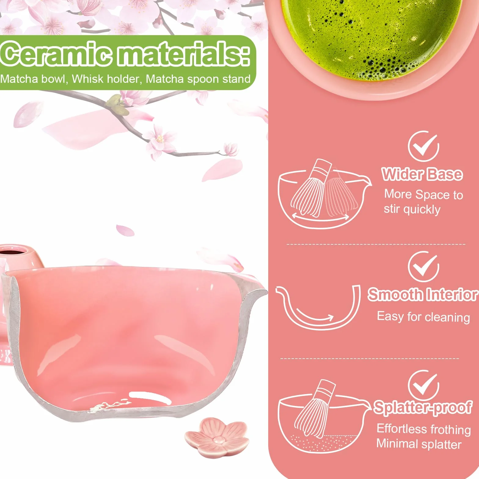 Zestaw matcha różowy 7-częściowy ceramiczny do herbaty z miotłą, miską, sitkiem
