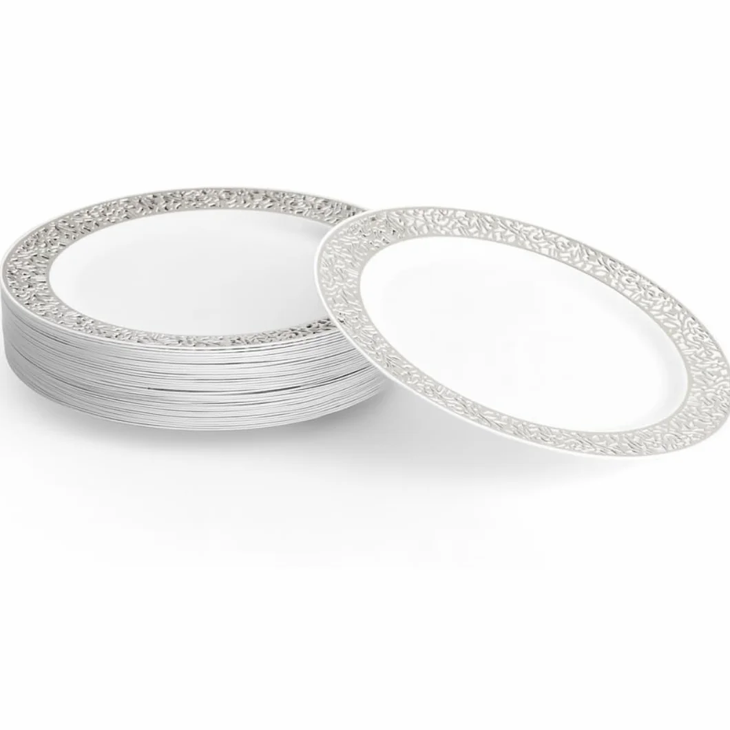 MATANA 20 Białych Plastikowych Talerzy ze Srebrną Obwódką, 26cm - Eleganckie, Wytrzymałe i Wielokrotnego Użytku - Wesela, Urodziny, Chrzciny, Grill, Boże Narodzenie, Przyjęcia