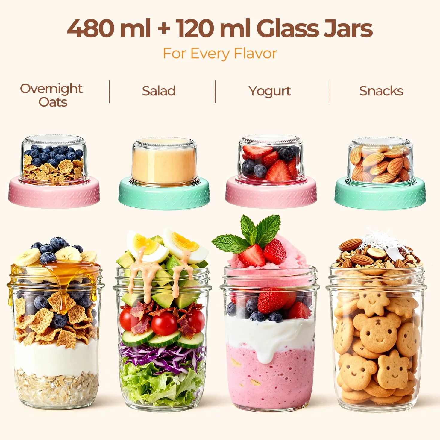 ComSaf Kubek na Musli na Wynos 4 szt., 480 ml ze Szklanego Pojemnika z Górną Przegródką 120 ml, Dwuwarstwowy Kubek na Jogurt do Pracy i Szkoły, dla Dorosłych i Dzieci, Idealny na Szybkie Śniadanie