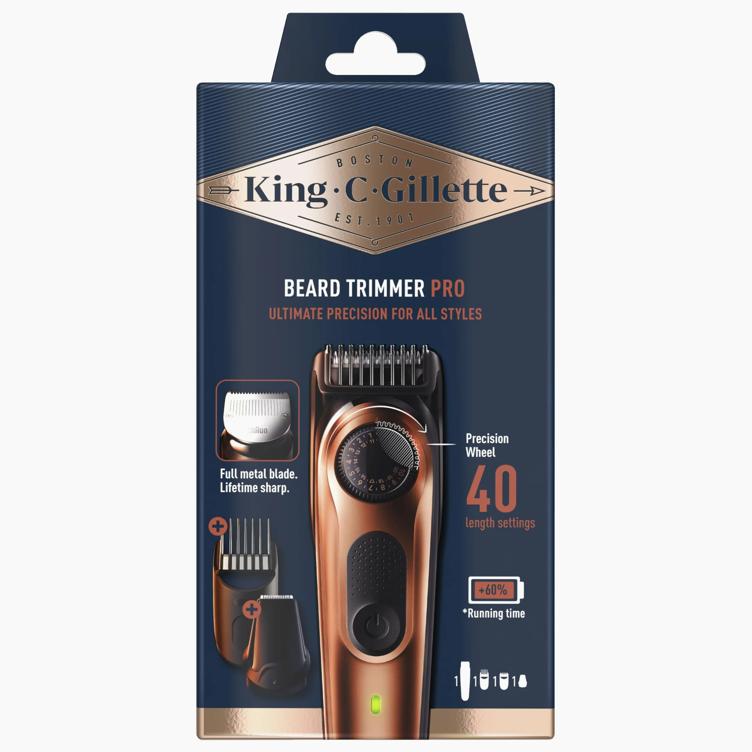 King C. Gillette Męski elektryczny trymer do brody PRO, elektryczna maszynka do golenia dla mężczyzn z precyzyjnym kołem do 40 długości brody, dożywotnie ostre ostrza, nadająca się do prania głowa i