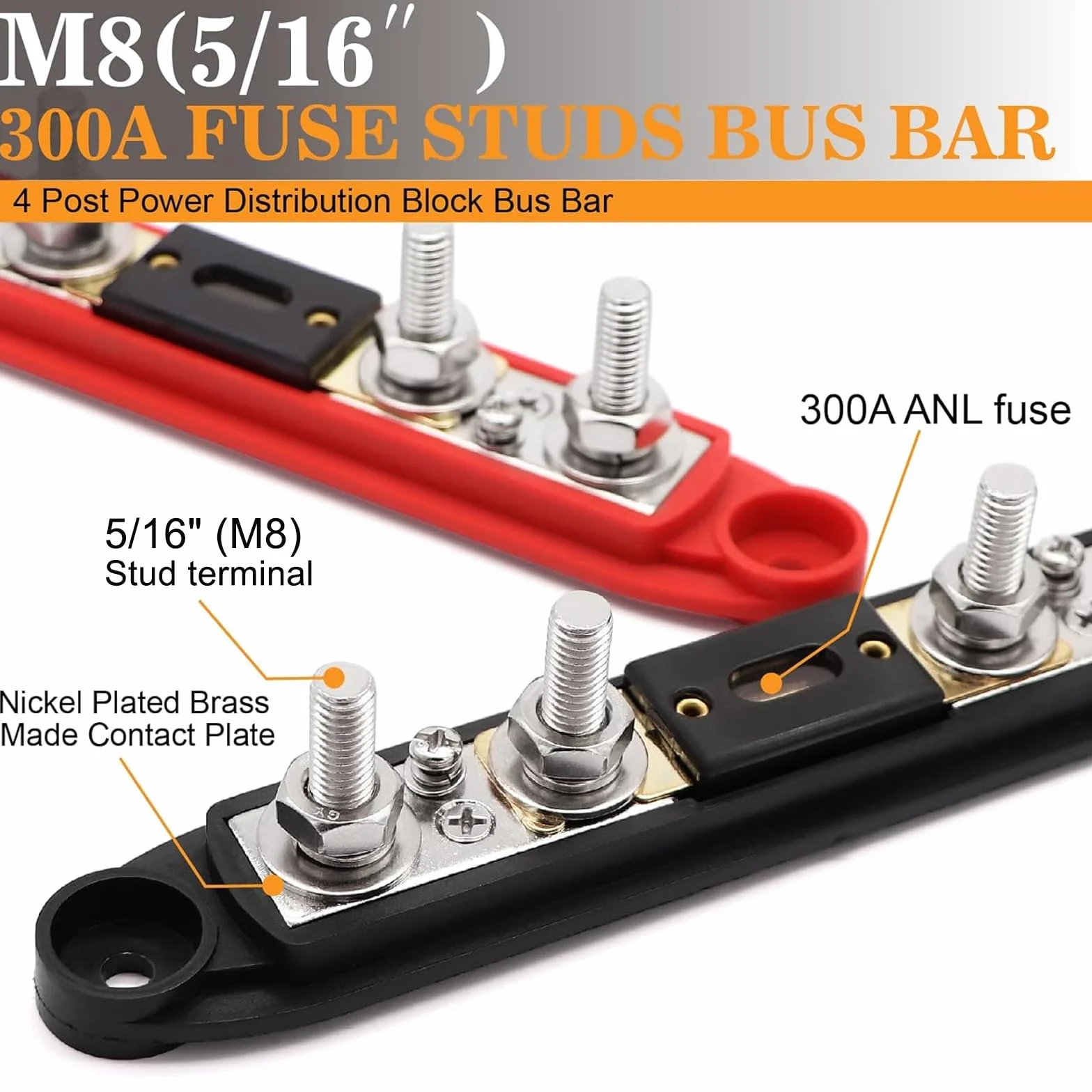 300 A szyna zbiorcza 12 V-48 V DC blok rozdzielczy bus bar, 4 x M8 bolcami zaciskowymi z bezpiecznikiem, blok dystrybucji zasilania do samochodów RV Statki Jachty (2 szt)