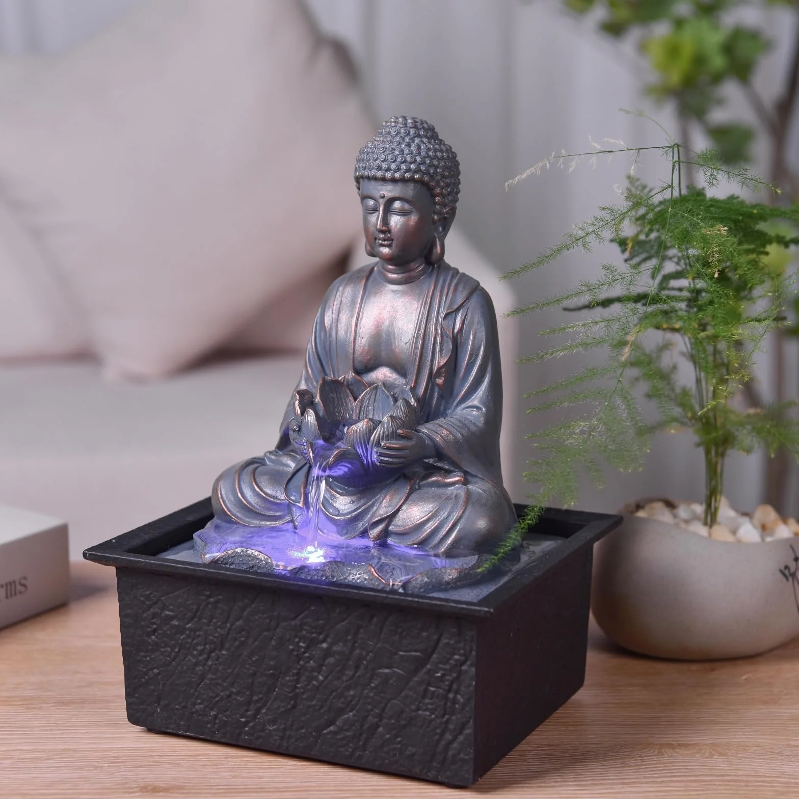 Fontanna wewnętrzna Budda Medytacja Lotos Kolorowe światło LED - Zen Deco Salon Sypialnia - Fontanna stołowa Relaksujący ruch - Przydatny prezent dla kobiet i mężczyzn - H 26cm - Sutra Zen'Light