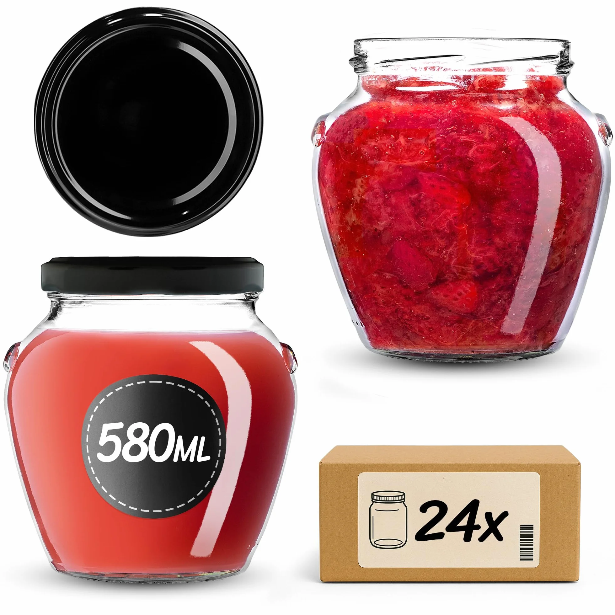 KADAX Zestaw 24 słoików na przetwory 580 ml z czarną zakręcaną pokrywką