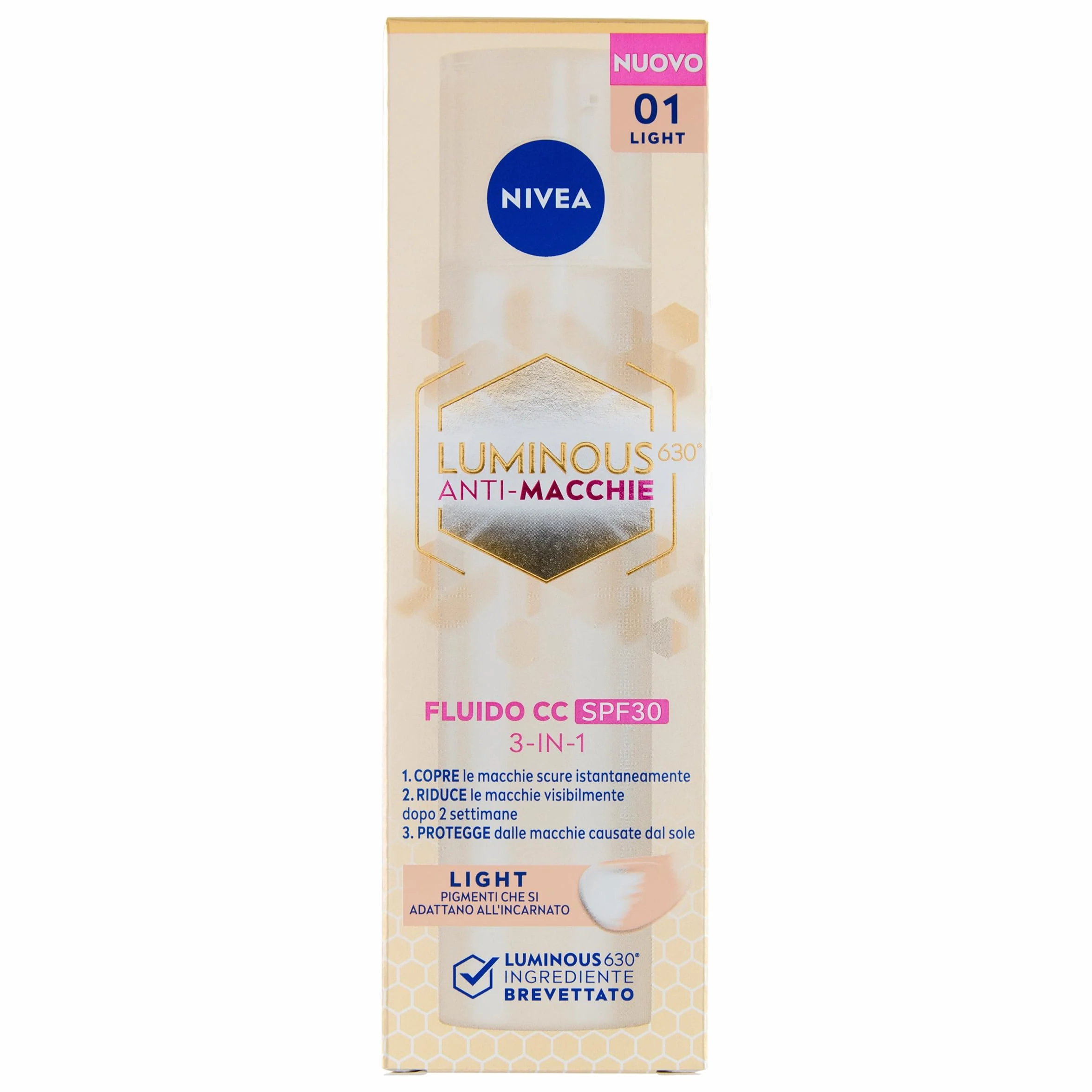 NIVEA Luminous630 Fluid CC Cream SPF 30 Light 3 w 1, 40 ml, przyciemniany krem do twarzy z kapsułkowanymi pigmentami i potrójnym działaniem, przeciwzmarszczkowy krem do twarzy z kwasem hialuronowym i