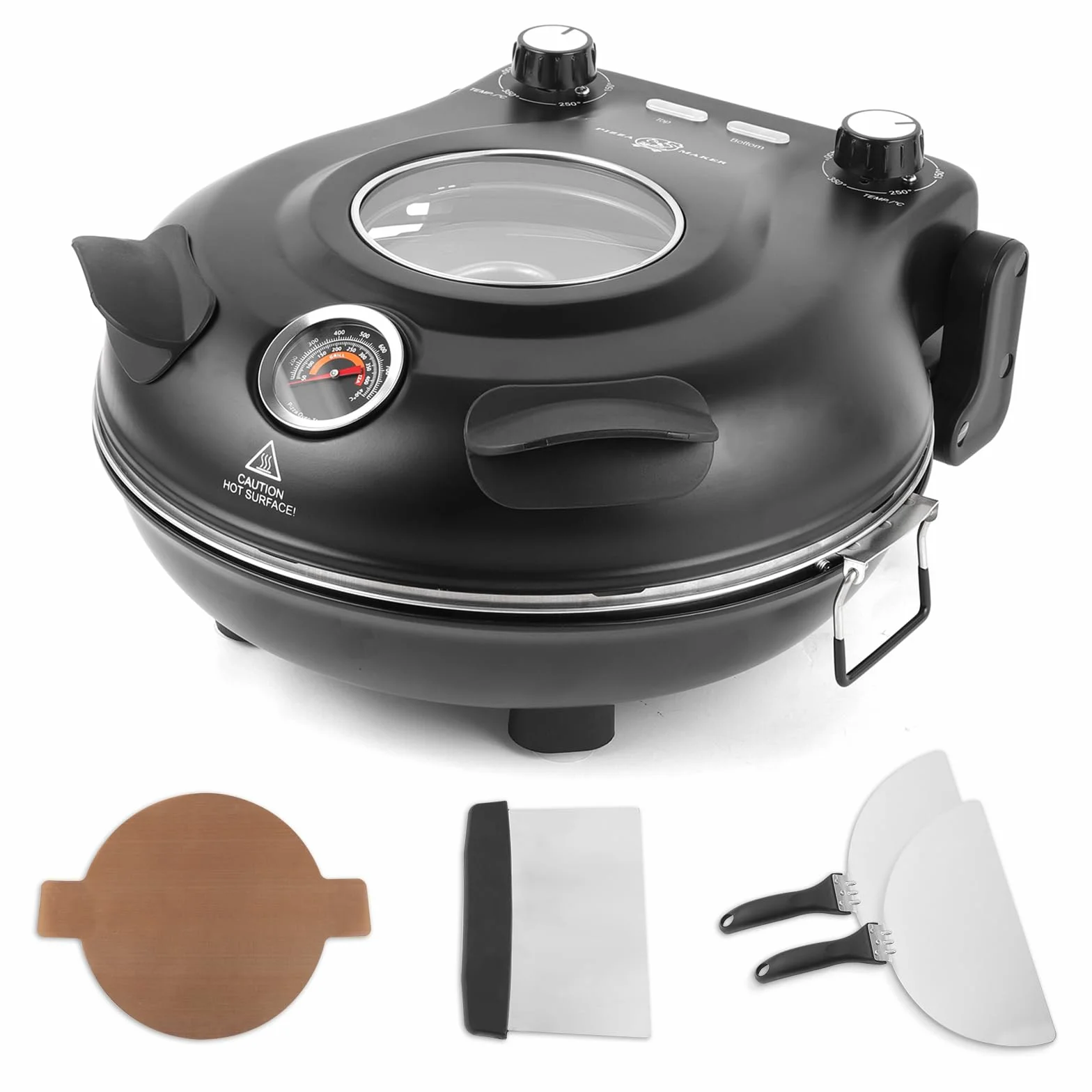 KLAIF Piec elektryczny do pizzy do blatu roboczego z kamieniem ceramicznym 31 cm, dwiema regulowanymi regulatorami temperatury, w zestawie 4 narzędzia do pizzy, LMC-czarny