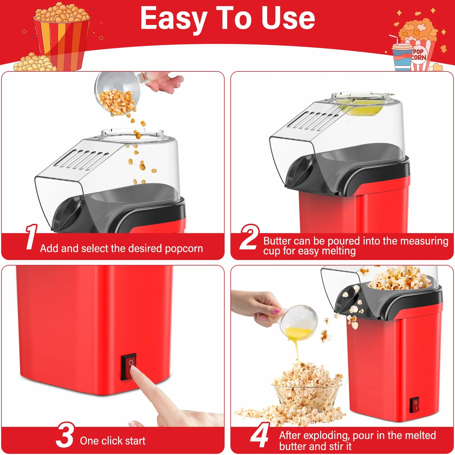 Maszyna do popcornu 1200 W, na gorące powietrze, bez tłuszczu, 3 minuty, obsługa jednym dotknięciem
