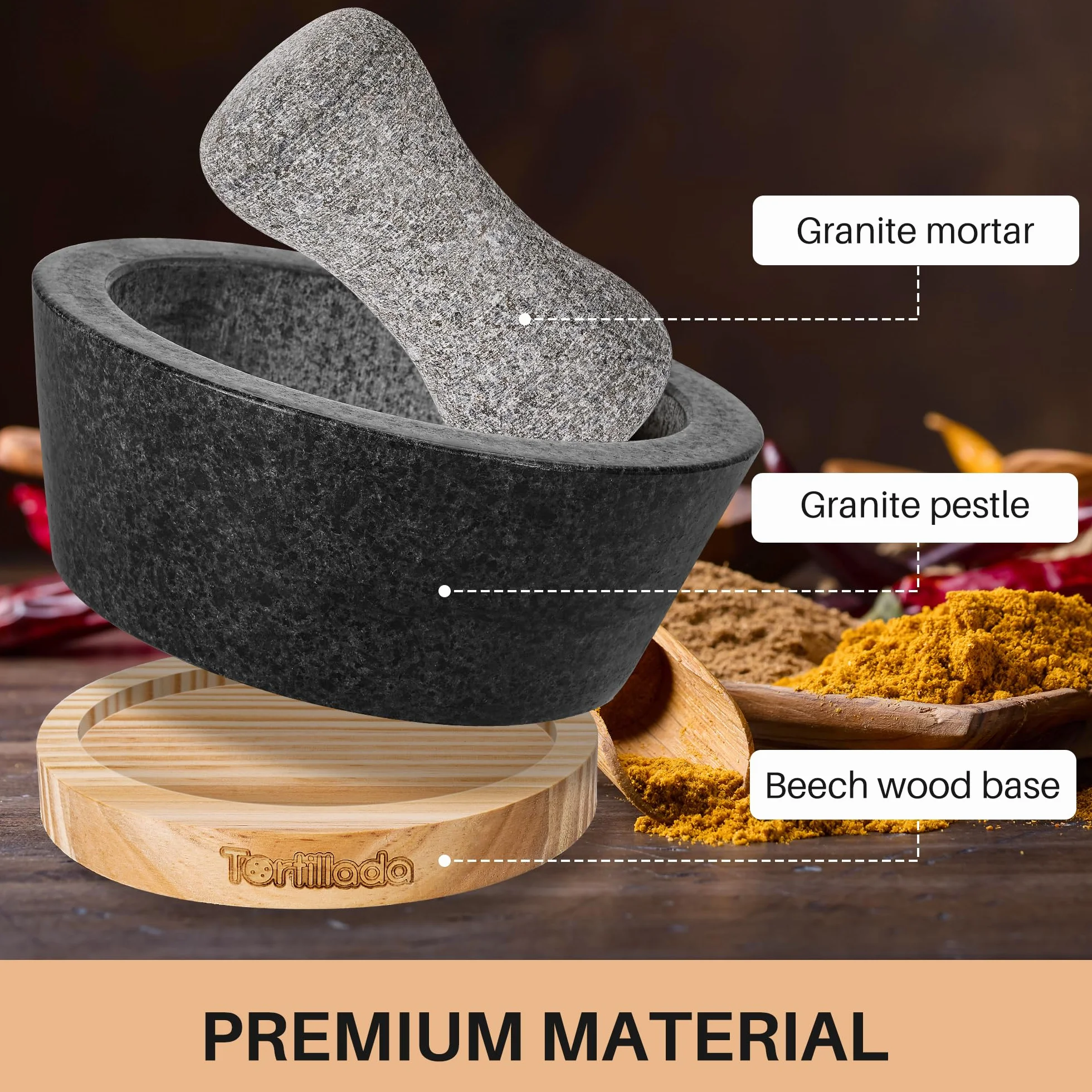 Tortillada Duży zestaw moździerzów i tłuczków 16 cm, wykonany z naturalnego granitu z podstawą z drewna, granitowy młynek do przypraw, ziół, kruszarka do tabletek z 50 przepisami, czarny